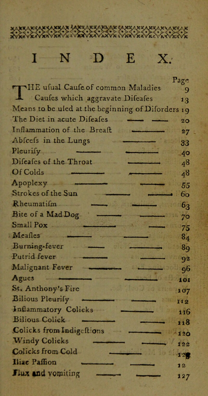 Page The ufual Caufeof common Maladies 9 Caufes which aggravate Difeafes 13 Means to be uled at the beginning of Diforders 19 The Diet in acute Difeafes — —i— 20 Inflammation of the Breafl », ■ . 27 Abfcefs in the Lungs ' 33 Pleurify - - ■ ■ ,40 Difeafes of the Throat .■■■ .■ .. . 48 Of Colds — • >.■■■. 48 Apoplexy - —— Strokes of the Sun - . . Hheumatifm ... . Bite of a Mad Dog ' - Small Pox . I ■ . A • Meaflcs ... . Burning'fever — — Putrid fever — Malignant Fever . ■. , Agues ■ St. Anthony's Fire Bilious Pleurify —■ u— . Inflammatory Colicks - Bilious Colick — .Colicks from Indigefl’Ons • — Windy Colicks . ■ Colicks from Cold , ' Iliac Paflion _ Jiux tnd YOJPiting 55 > ■■ 60 63 ’70 75 84 89 92 96 101 ‘107 112 116 118 120 122 :-i2f 12 127