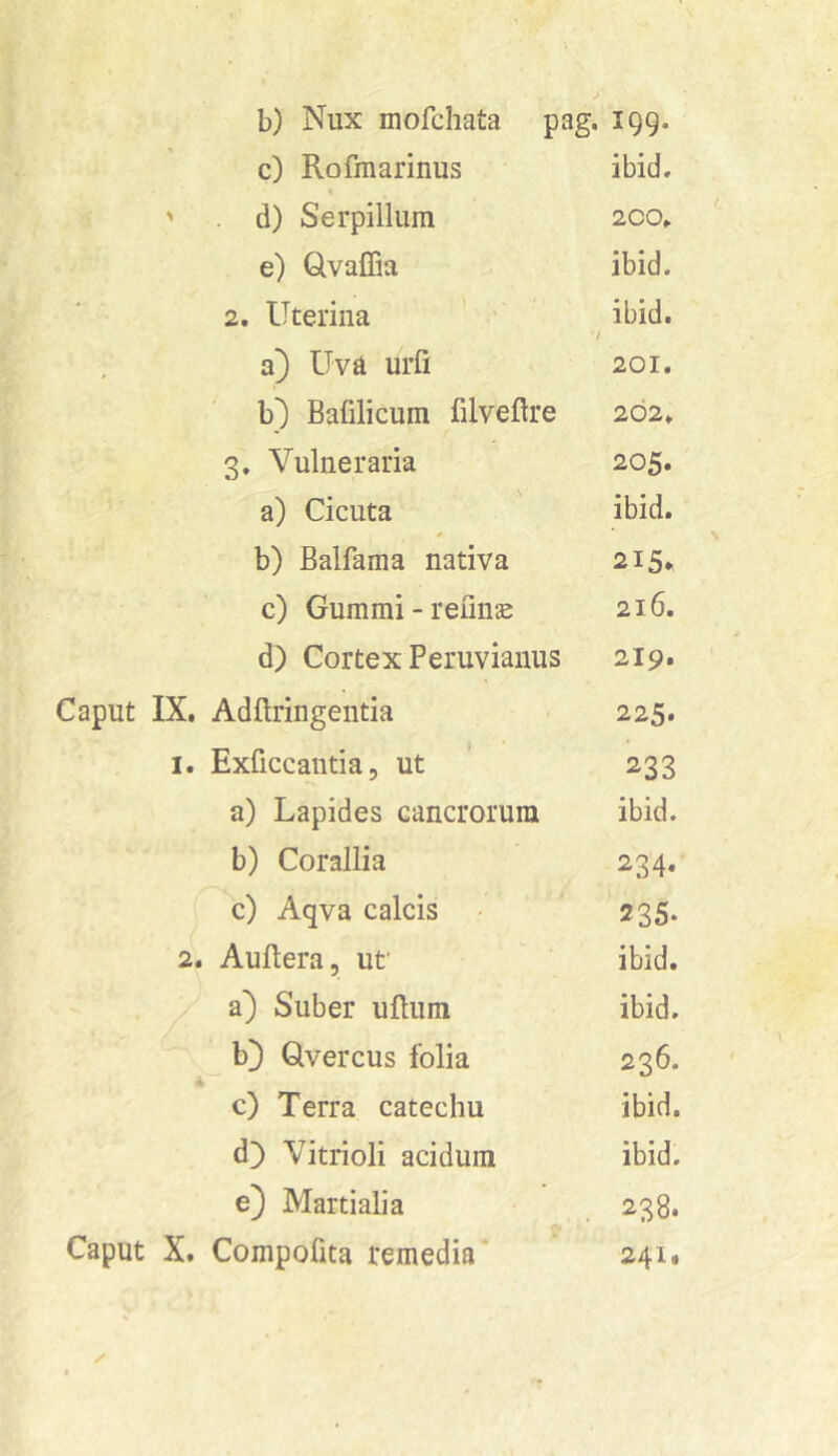 c) Rofmarinus ibid. ' . d) Serpillum 2CO. e) Qvaffia ibid. 2. Uterina ibid. / a) Uva urfi 201. b') Bafilicum filveftre 202. 3* Vulneraria 205. a) Cicuta ibid. b) Balfama nativa 215* c) Gummi - reunse 216. d) Cortex Peruviauus 219. Caput IX. Adftringentia 225. I. Exficcantia, ut 233 a) Lapides cancrorum ibid. b) Corallia 234. c) Aqva calcis 235‘ 2. AuBera, uf ibid. a) Suber uBum ibid. b) Qvercus folia 236. c) Terra catechu ibid. d) Vitrioli acidum ibid. e} Martialia . 238.