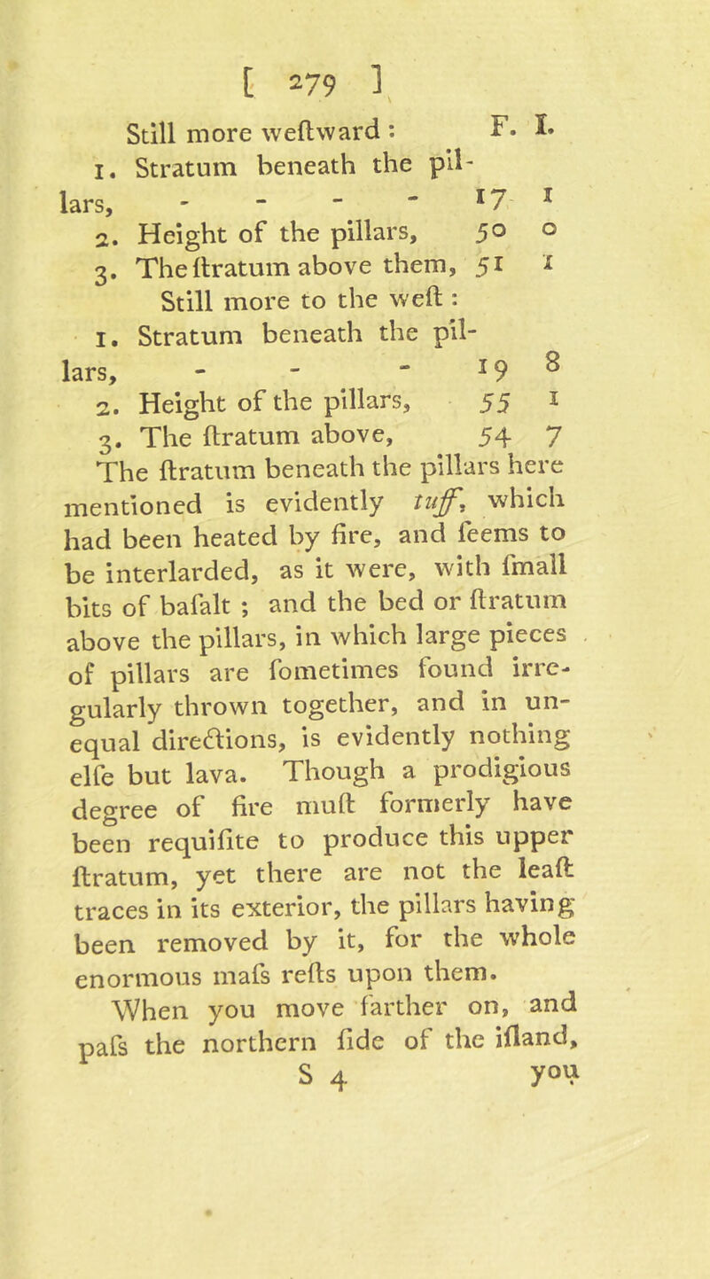 F. I. Still more weftward: 1. Stratum beneath the pil- lars ' - “ ' * 7 * 2. Height of the pillars, 50 o 3. TheItratum above them, 51 x Still more to the weft : • I, Stratum beneath the pil- 8 lars, - - 19 2. Height of the pillars. 55 1 3. The ftratum above. 54 7 The ftratiim beneath the pillars here mentioned is evidently tuff, which had been heated by fire, and feems to be interlarded, as it were, with fm'all bits of bafalt ; and the bed or ftratum above the pillars, in which large pieces of pillars are fometimes found irre- gularly thrown together, and in un- equal direaions, is evidently nothing elfe but lava. Though a prodigious degree of fire muft formerly have been requifite to produce this upper ftratum, yet there are not the leaft traces in its exterior, the pillars having been removed by it, for the whole enormous mafs refts upon them. When you move farther on, and pafs the northern fide of the ifland, s 4 you