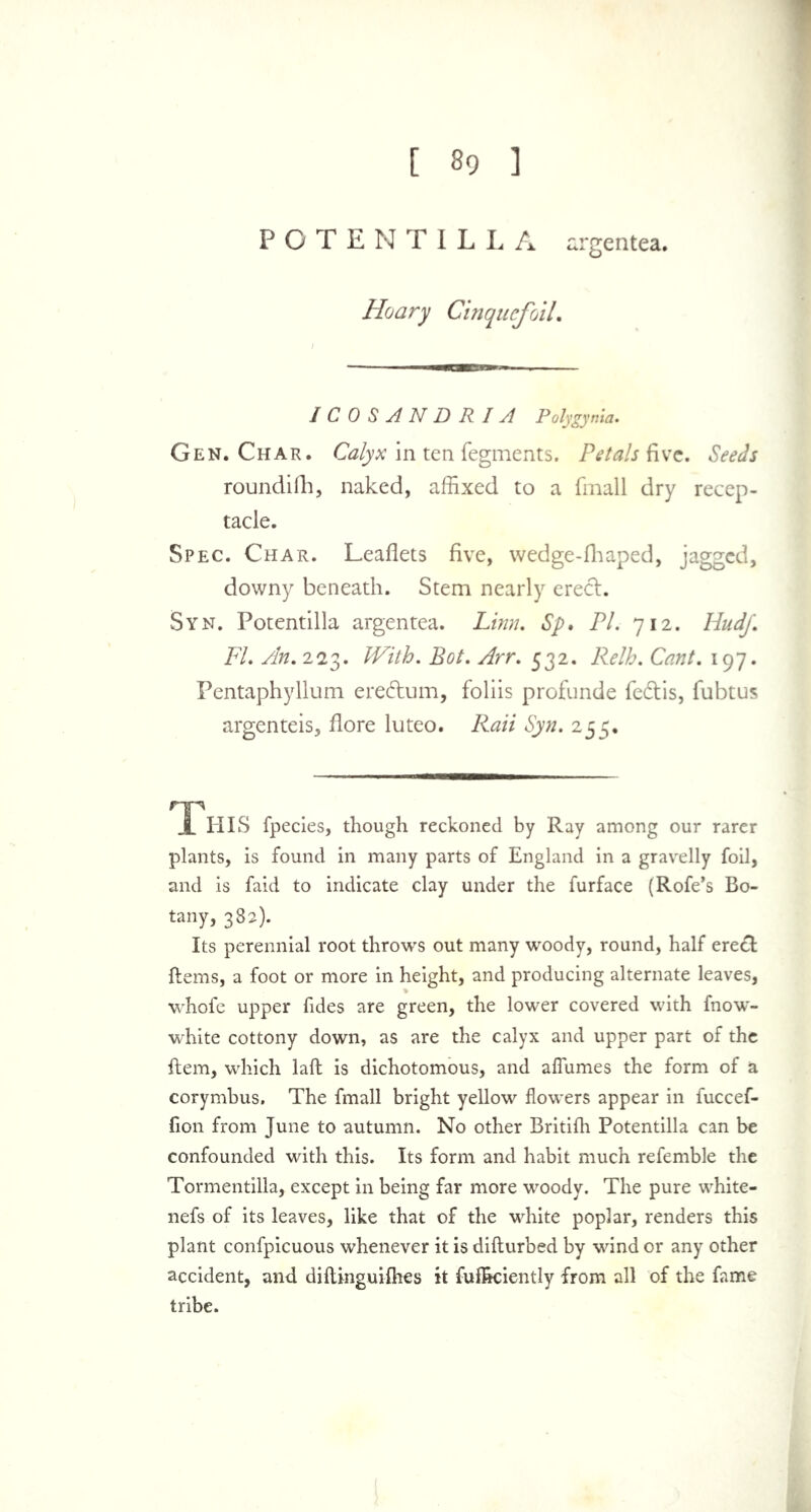 [ 89 ] POTENTILLA argentea. Hoary Cinquefoil. I COSANDRIA Polygynia. Gen. Char. Gz/yx in ten fegments. Petals c. 6Wj roundifh, naked, affixed to a fmall dry recep- tacle. Spec. Char. Leaflets five, wedge-fhaped, jagged, downy beneath. Stem nearly erect. Syn. Potentilla argentea. Linn. Sp* PL 712. Hudf. FL An. 223. With. Bot. Arr. 532. Relh. Cant. 197. Pentaphyllum eredtum, foliis profunde fedtis, fubtus argenteis, flore luteo. Rail Syn. 255. X IilS fpecies, though reckoned by Ray among our rarer plants, is found in many parts of England in a gravelly foil, and is faid to indicate clay under the furface (Rofe’s Bo- tany, 382). Its perennial root throws out many woody, round, half eredt Items, a foot or more in height, and producing alternate leaves, whofe upper fides are green, the lower covered with fnow- white cottony down, as are the calyx and upper part of the Item, which laft is dichotomous, and aflumes the form of a corymbus. The fmall bright yellow flowers appear in fuccef- fion from June to autumn. No other Britifh Potentilla can be confounded with this. Its form and habit much refemble the Tormentilla, except in being far more woody. The pure white- nefs of its leaves, like that of the white poplar, renders this plant confpicuous whenever it is difturbed by wind or any other accident, and diilinguilhes it Efficiently from all of the fame tribe.