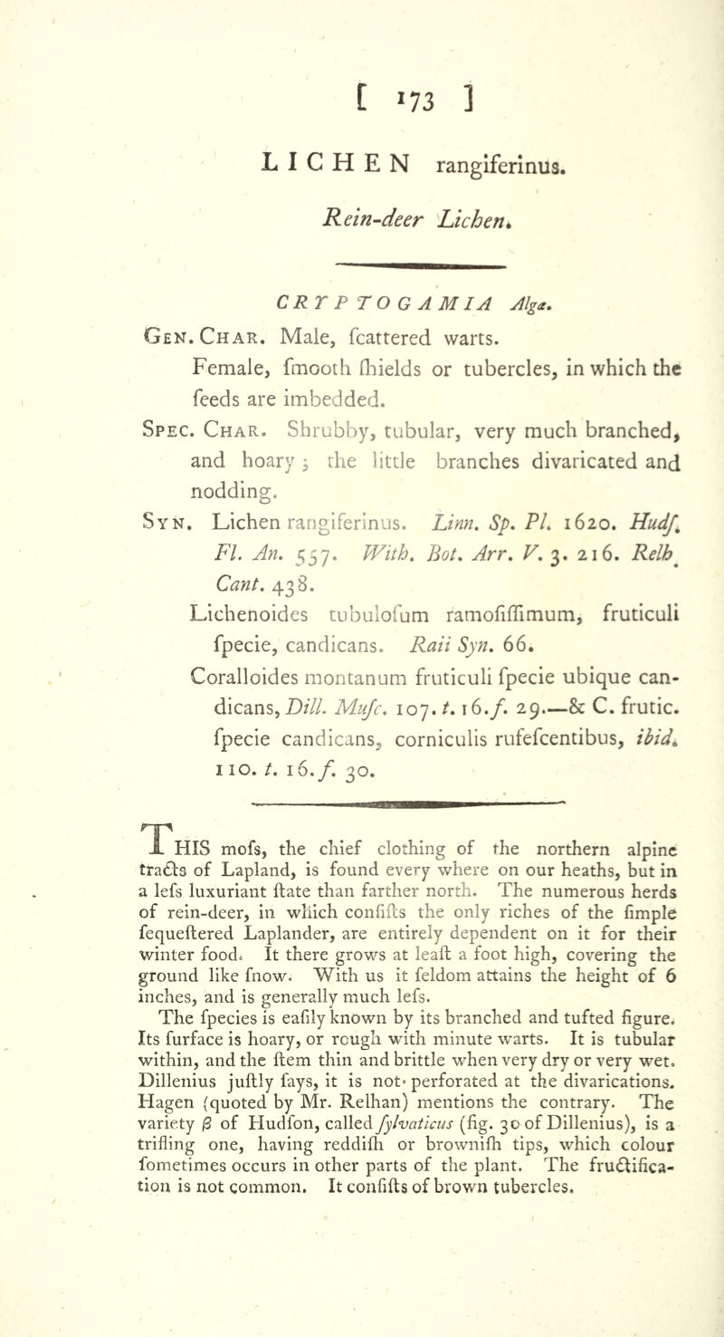 LICHEN rangiferinus. Rein-deer Lichen. CRYPTOGAM IA Alga. Gen. Char. Male, fcattered warts. Female, fmooth (Fields or tubercles, in which the feeds are imbedded. Spec. Char. Shrubby, tubular, very much branched, and hoary; the little branches divaricated and nodding. Syn. Lichen rangiferinus. Linn. Sp. PL 1620. Hudf% FI. An. 557. With. Bot. Arr. V. 3. 216. Relh. Cant. 438. Lichenoides tubulofum ramofiffimum, fruticuli fpecie, candicans. Raii Syn. 66. Coralloides montanum fruticuli fpecie ubique can- dicans, Bill. Mufc. 107.1.16./. 29—& C. frutic. fpecie candicans, corniculis rufefcentibus, ibid. 110. t. 16. f. 30. np A HIS mofs, the chief clothing of the northern alpine traCts of Lapland, is found every where on our heaths, but in a lefs luxuriant ftate than farther north. The numerous herds of rein-deer, in which confifts the only riches of the Ample fequeftered Laplander, are entirely dependent on it for their winter food6 It there grows at leaft a foot high, covering the ground like fnow. With us it feldom attains the height of 6 inches, and is generally much lefs. The fpecies is eafily known by its branched and tufted figure. Its furface is hoary, or rough with minute warts. It is tubular within, and the (tern thin and brittle when very dry or very wet. Dillenius juftly fays, it is not* perforated at the divarications. Hagen (quoted by Mr. Relhan) mentions the contrary. The variety j3 of Hudfon, called fylvaticus (fig. 30 of Dillenius), is a trifling one, having reddilh or brownifh tips, which colour fometimes occurs in other parts of the plant. The fructifica- tion is not common. It confifts of brown tubercles.