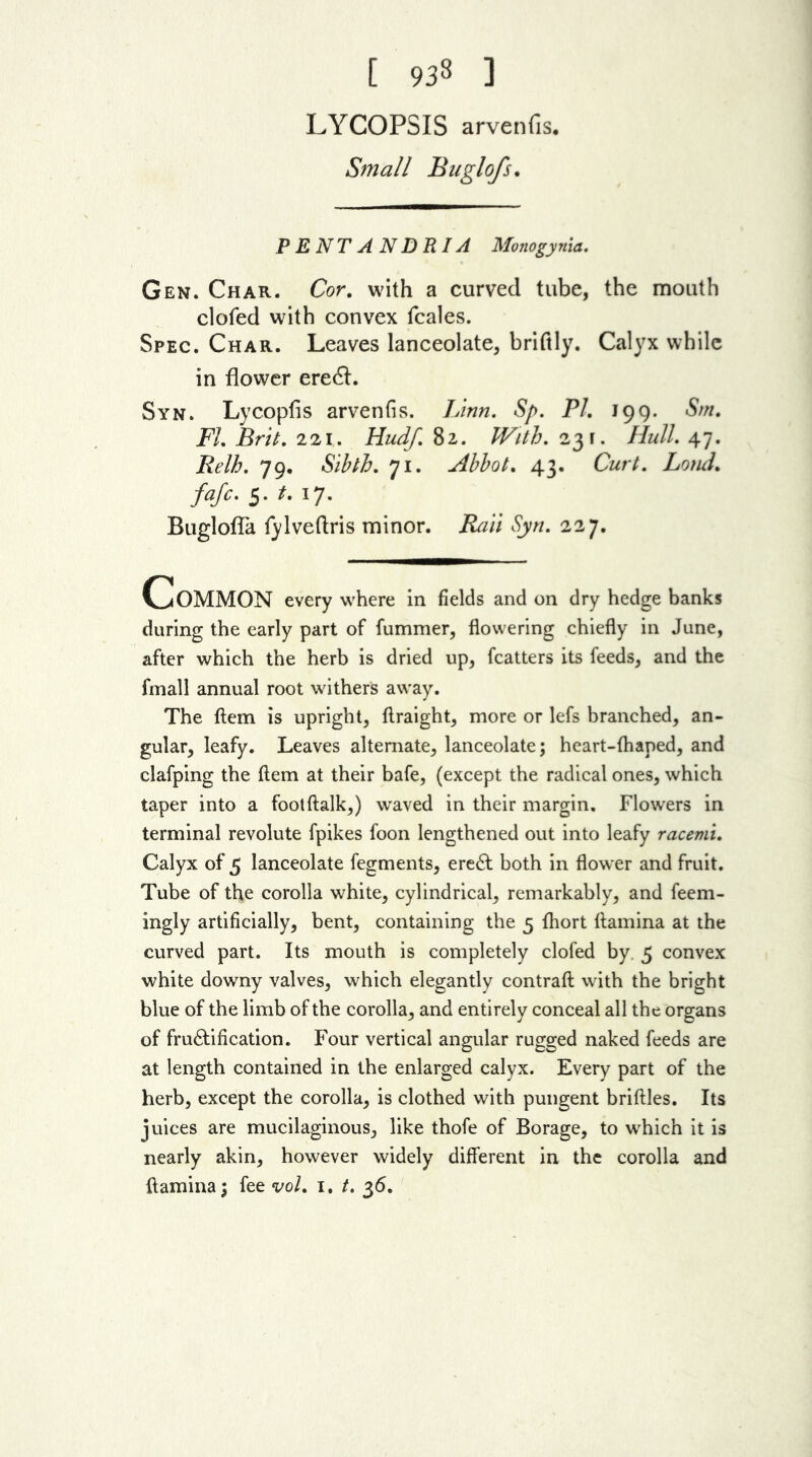 [ 938 ] LYCOPSIS arvenfis. Small Buglofs. P E NT A N D RIA Monogynla. Gen. Char. Cor. with a curved tube, the mouth clofed with convex fcales. Spec. Char. Leaves lanceolate, briftly. Calyx while in flower ere6f. Syn. Lycopfis arvenfis. Linn, Sp, PI. 199. Sm. FI. Brit. 221. Hudf. 82. IVith. 231. Hull. 47. Relh. 79. Sibth. 71. Abbot. 43. Curt. Loud, fajc, 5. t. 17. BuglofTa fylvedris minor. Rail Syn. 227. Common every where in fields and on dry hedge banks during the early part of fummer, flowering chiefly in June, after which the herb is dried up, fcatters its feeds, and the finall annual root withers away. The flem is upright, llraight, more or lefs branched, an- gular, leafy. Leaves alternate, lanceolate; heart-fhaped, and clafping the ftem at their bafe, (except the radical ones, which taper into a foolflalk,) waved in their margin. Flowers in terminal revolute fpikes foon lengthened out into leafy racemi. Calyx of 5 lanceolate fegments, ertSi both in flower and fruit. Tube of the corolla white, cylindrical, remarkably, and feem- ingly artificially, bent, containing the 5 fhort ftamina at the curved part. Its mouth is completely clofed by. 5 convex white downy valves, which elegantly contraft with the bright blue of the limb of the corolla, and entirely conceal all the organs of fructification. Four vertical angular rugged naked feeds are at length contained in the enlarged calyx. Every part of the herb, except the corolla, is clothed with pungent briftles. Its juices are mucilaginous, like thofe of Borage, to which it is nearly akin, however widely different in the corolla and ftamina; fee vol. i. t. 36. '