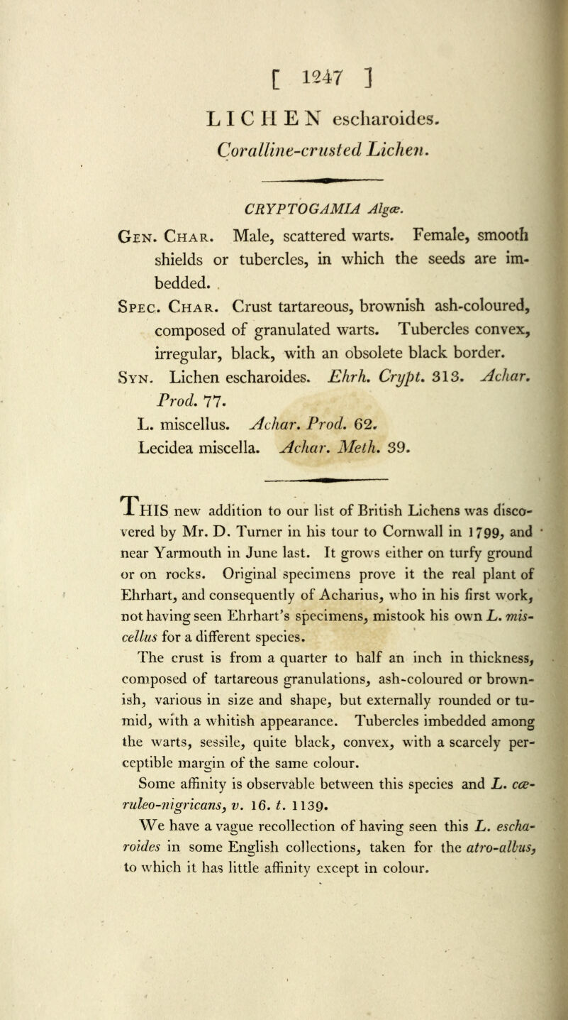 [ 1247 ] LICHEN escharoides. Coralline-crusted Lichen. CRYPTOGAMIA Alga. Gen. Char. Male, scattered warts. Female, smooth shields or tubercles, in which the seeds are im- bedded. Spec. Char. Crust tartareous, brownish ash-coloured, composed of granulated warts. Tubercles convex, irregular, black, with an obsolete black border. Syn. Lichen escharoides. Ehrh. Crypt. 313. Achar. Prod. 77. L. miscellus. Achar. Prod. 62. Lecidea miscella. Achar. Meth. 39. This new addition to our list of British Lichens was disco- vered by Mr. D. Turner in his tour to Cornwall in 1799, and near Yarmouth in June last. It grows either on turfy ground or on rocks. Original specimens prove it the real plant of Ehrhart, and consequently of Acharius, who in his first work, not having seen Ehrhart’s specimens, mistook his own L. mis- cellus for a different species. The crust is from a quarter to half an inch in thickness, composed of tartareous granulations, ash-coloured or brown- ish, various in size and shape, but externally rounded or tu- mid, with a whitish appearance. Tubercles imbedded among the warts, sessile, quite black, convex, with a scarcely per- ceptible margin of the same colour. Some affinity is observable between this species and L. cce- ruleo-nigricans, v. 16. t. 1139. We have a vague recollection of having seen this L. escha- roides in some English collections, taken for the atro-allus, to which it has little affinity except in colour.