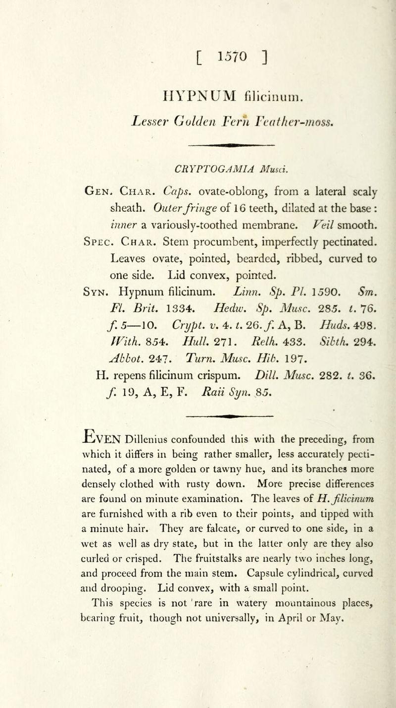 [ 1570 ] HYPNUM filicinum. Lesser Gulden Fern Feather-moss. CRYPTOGAMIA Musci. Gen, Char. Caps, ovate-oblong, from a lateral scaly sheath. Outer fringe of 16 teeth, dilated at the base : inner a variously-toothed membrane. Veil smooth. Spec. Char. Stem procumbent, imperfectly pectinated. Leaves ovate, pointed, bearded, ribbed, curved to one side. Lid convex, pointed. Syn. Hypnum filicinum. Linn. Sp. PL 1590. Sm. FI. Brit. 1334. Hedw. Sp. Muse. 285. t. 76. f. 5—10. Crypt, v. 4. t. 26. f. A, B. Huds. 498. With. 854. Hull. 271. Relh. 433. Sihth. 294. Abbot. 24?. Turn. Muse. Hib. 197. H. repens filicinum crispum. Dill. Muse. 282. t. 36. f. 19, A, E, F. Raii Syn. 85. -CAEN Dillenius confounded this with the preceding, from which it differs in being rather smaller, less accurately pecti- nated, of a more golden or tawny hue, and its branches more densely clothed with rusty down. More precise differences are found on minute examination. The leaves of H. filicinum are furnished with a rib even to their points, and tipped with a minute hair. They are falcate, or curved to one side, in a wet as well as dry state, but in the latter only are they also curled or crisped. The fruitstalks are nearly two inches long, and proceed from the main stem. Capsule cylindrical, curved and drooping. Lid convex, with a small point. This species is not rare in watery mountainous places, bearing fruit, though not universally, in April or May.