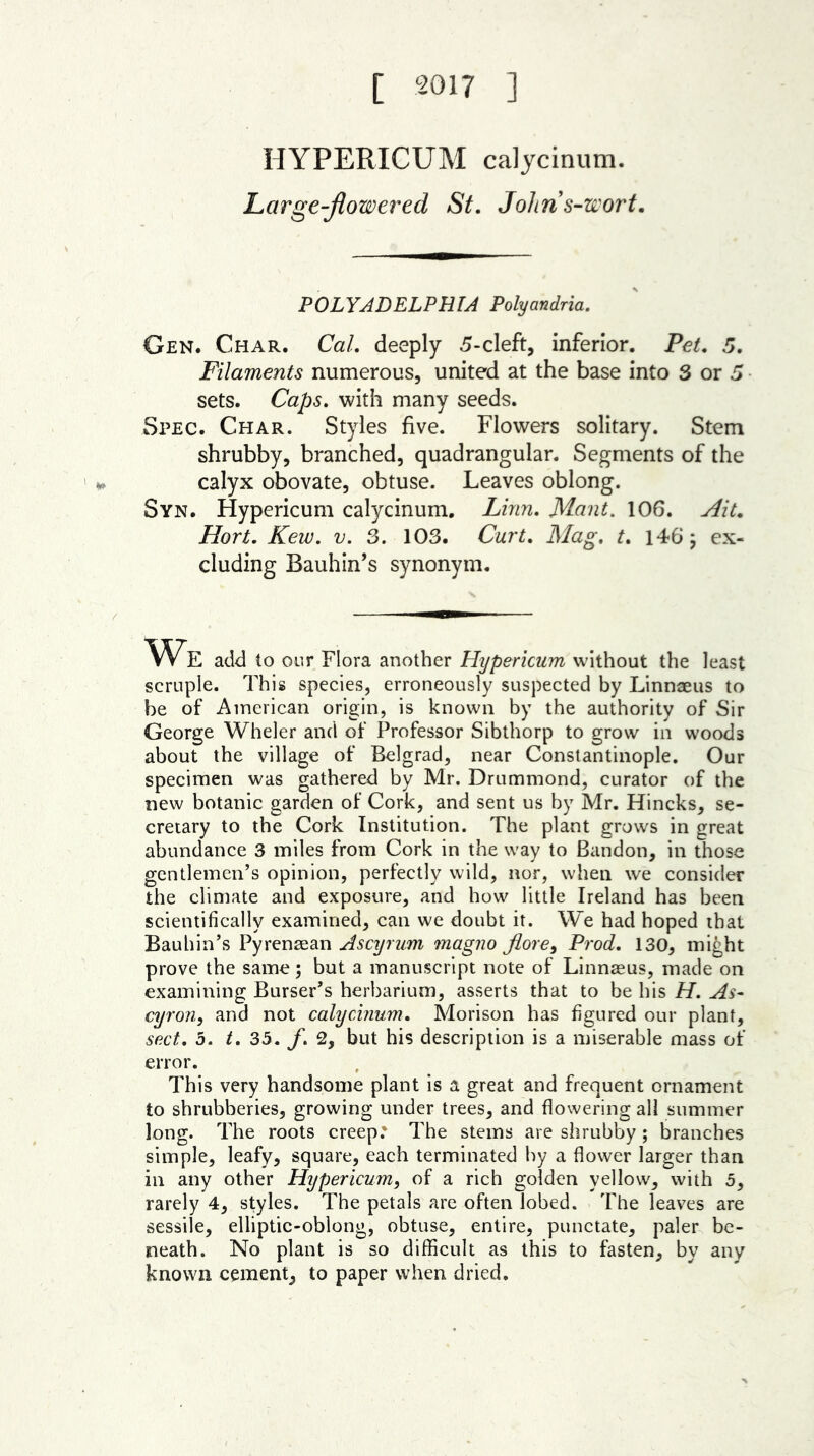 [ 2017 ] HYPERICUM calycinum. Large-flowered St. Johris-wort. POLYADELPHIA Polyandria. Gen. Char. Cal. deeply 5-cleft, inferior. Pet. 5. Filaments numerous, united at the base into 3 or 5 sets. Caps, with many seeds. Spec. Char. Styles five. Flowers solitary. Stem shrubby, branched, quadrangular. Segments of the calyx obovate, obtuse. Leaves oblong. Syn. Hypericum calycinum. Linn. Mant. 106. Ait. Hort. Kew. v. 3. 103. Curt. Mag. t. 146; ex- cluding Bauhin’s synonym. We add to our Flora another Hypericum without the least scruple. This species, erroneously suspected by Linnaeus to be of American origin, is known by the authority of Sir George Wheler and of Professor Sibthorp to grow in woods about the village of Belgrad, near Constantinople. Our specimen was gathered by Mr. Drummond, curator of the new botanic garden of Cork, and sent us by Mr. Hincks, se- cretary to the Cork Institution. The plant grows in great abundance 3 miles from Cork in the way to Bandon, in those gentlemen’s opinion, perfectly wild, nor, when we consider the climate and exposure, and how little Ireland has been scientifically examined, can we doubt it. We had hoped that Bauhin’s Pyrenean Ascyrum magno jlore, Prod. 130, mi£ht prove the same; but a manuscript note of Linnaeus, made on examining Burser’s herbarium, asserts that to be his H. As- cyron, and not calycinum. Morison has figured our plant, sect. 5. t. 35. j. 2, but his description is a miserable mass of error. This very handsome plant is a great and frequent ornament to shrubberies, growing under trees, and flowering all summer long. The roots creep. The stems are shrubby; branches simple, leafy, square, each terminated by a flower larger than in any other Hypericum, of a rich golden yellow, with 5, rarely 4, styles. The petals are often lobed. The leaves are sessile, elliptic-oblong, obtuse, entire, punctate, paler be- neath. No plant is so difficult as this to fasten, by any known cement, to paper when dried.