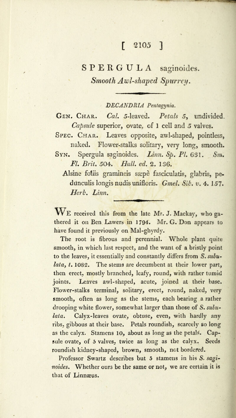 [ 2105 ] SPERGULA saginoules. Smooth Awl-shaped Spurrey. DECANDRIA Pentagynia. Gen. Char. Cal. 5-ieaved. Petals 5, undivided. Capsule superior, ovate,, of 1 cell and 5 valves. Spec. Char. Leaves opposite, awl-shaped, pointless, naked. Flower-stalks solitary, very long, smooth. Syn. Spergula saginoides. Linn. Sp. PI. 631. Sm. FI. Brit. 504. Hull, ed. 2. 136. Alsine foliis gramineis ssepe fasciculatis, glabris, pe- diinculis longis nudis unifloris. Gmel. Sib. v. 4. 157. Herb. Linn. We received this from the late Mr. J. Mackay, who ga- thered it on Ben Lawers in 1794. Mr. G. Don appears to have found it previously on Mal-ghyrdy. The root is fibrous and perennial. Whole plant quite smooth, in which last respect, and the want of a bristly point to the leaves, it essentially and constantly differs from S. snlu- lata, t. 1082. The stems are decumbent at their lower part, then erect, mostly branched, leafy, round, with rather tumid joints. Leaves awl-shaped, acute, joined at their base. Flower-stalks terminal, solitary, erect, round, naked, very smooth, often as long as the stems, each bearing a rather drooping white flower, somewhat larger than those of S. sulu- laia. Calyx-leaves ovate, obtuse, even, with hardly any ribs, gibbous at their base. Petals roundish, scarcely so long as the calyx. Stamens 10, about as long as the petals. Cap- sule ovate, of 5 valves, twice as long as the calyx. Seeds roundish kidney-shaped, brown, smooth, net bordered. Professor Swartz describes but 5 stamens in his S. sagi- noides. Whether ours be the same or not, we are certain it is that of Linnaeus.