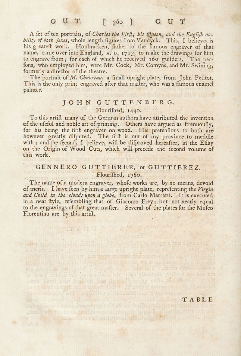 GUT GUT [ 3^3 ] A fet of ten portraits, of Charles the Firfly his ^een, and the Englijh no-- hility of both whole length figures from Vandyck. This, I believe, is his greateft work. Houbracken, father to the famous engraver of that name, came over into England, a. d. 1713, to make the drawings for him to engrave from ; for each of which he rec-eived 160 guilders. The per- fbns, who employed him, were Mr. Cock, Mr. Comyns, and Mr. Swining, formerly a diredlor of the theatre. - The portrait of M* ChevreaUy a fmall upright plate, from John Petitot. This is the only print engraved after that mailer, who was a famous enamel painter. JOHN GUTTENBERG. Flouriflied; 1440. To this artift many of the German authors have attributed the invention of the ufeful and noble art of printing. ' Others have argued as ftrenuoufly, for his being the firft engraver on wood. - His-pretenfions to both are however greatly difputed. The firfl; is but of my province to meddle with; and the fecond, I believe, will be difproved hereafter, in the Effay on the Origin of Wood Cuts, which will precede the fecond volume of this work, r GENNERO GUTTIERER, orGUTTIEREZ. Flourifhed, 1760. The name of a modern engrayer, whofe works are, by no means, devoid of merit. I have feen by him a large upright plate, reprefenting the Virgin and Child in the clouds^upon a globey from Carlo Marratti. * , It is executed in a neat ftyle, refembling that of Giacomo Frey; but'not nearly'equal to the engravings of that great mailer. Several of the plates for the Mufeo Fiqrentino are by this artift. TABLE