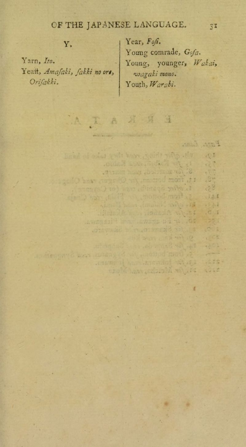 Y. Yam, Ito, Yealt, Amafahi, fahhi no ort, Orifakki. Year, Foji. Young comrade, Gc^fa. Young, younger, Wa^ai, njoagali mono. Youth, Warahi. 1 • « * & O