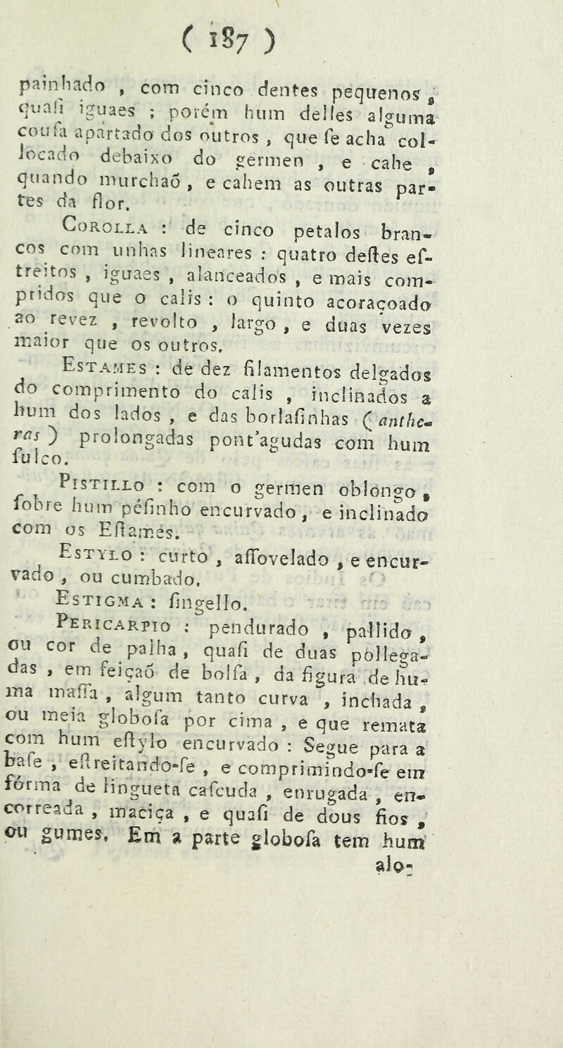 painliado , com cinco dentes pequenos cunli igiiaes ; porém hum delíes alguma Cüula apartano dos outros , que fe acha col- Jocado debaixo do germen , e cahe p quando niurchao , e cahem as outras par- tes da flor. ^ CoROLLA : de cinco petalos bran* COS com unhas lineares ; quatro deftes ef- treitns , iguaes , alanceados , e mais com- pridos que o calís : o quinto acoraçoado “O revez , revolto , largo , e duas vezes maior que os outros. Estames : de dez filamentos delgadas do comprimento do calis , inclinados a hum dos lados, e das borlafinhas ( rjis ) prolongadas pontiagudas com hum lulco. PISTILLO : com o germen oblongo p íobre hum péfinho encurvado, e inclinado com os Eílames, Estylo : curto , affovelado , e encur- vauo , ou cLimbado, Estigma: ílngello. Pericarpio ; pendurado , pallido , ou cor de palha , quafi de duas oòlleo-a- das . em feiçaÓ de bolfa , da figura deliu- líia inaíía , algum tanto curva , inchada ou m^ia globoía por cima , e que remata com hum eflylo encurvado: Segue para a bale, eureitando-fe , e comprimindo-fe etn torma de iingueta cafcuda , enrugada , en- correada , maciça , e quafi de dous fios , ou gumes. Em a parte globofa tem hum' alo;