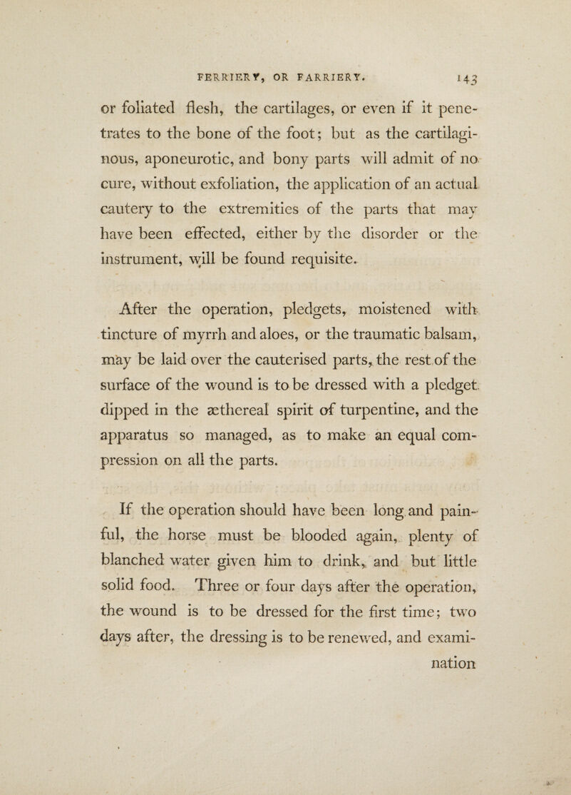 or foliated flesh, the cartilages, or even if it pene¬ trates to the bone of the foot; but as the cartilagi¬ nous, aponeurotic, and bony parts will admit of no cure, without exfoliation, the application of an actual cautery to the extremities of the parts that may have been effected, either by the disorder or the instrument, will be found requisite. *N. After the operation, pledgets, moistened with tincture of myrrh and aloes, or the traumatic balsam, may be laid over the cauterised parts, the rest of the surface of the wound is to be dressed with a pledget, dipped in the aethereal spirit of turpentine, and the apparatus so managed, as to make an equal com¬ pression on all the parts. If the operation should have been long and pain¬ ful, the horse must be blooded again, plenty of blanched water given him to drink, and but little solid food. Three or four days after the operation, the wound is to be dressed for the first time; two days after, the dressing is to be renewed, and exami¬ nation
