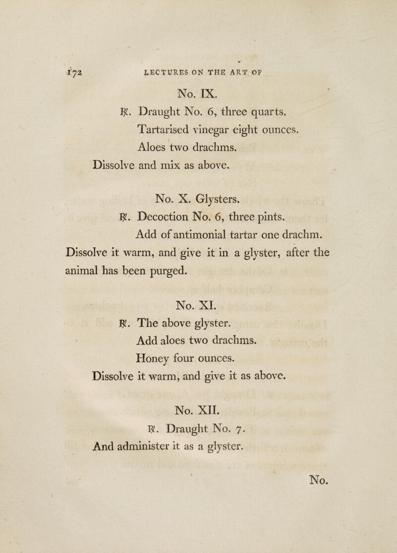 No. IX. Jji. Draught No. 6, three quarts, Tartarised vinegar eight ounces. Aloes two drachms. Dissolve and mix as above. No. X. Glysters. Decoction No. 6, three pints. Add of antimonial tartar one drachm. Dissolve it warm, and give it in a glyster, after the animal has been purged. No. XL The above glyster. - Add aloes two drachms. Honey four ounces. Dissolve it warm, and give it as above. No. XII. W. Draught No. 7, And administer it as a glyster. ft