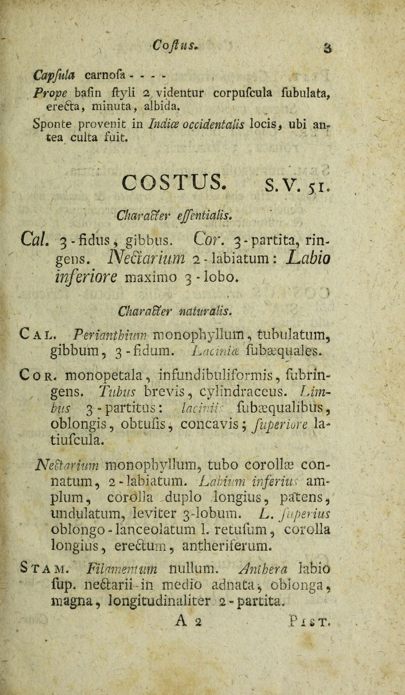 Coflus* Capfula carnofa - - - - Prope balin ftyli 2 videntur corpufcula fubulata, ereda, minuta, albida. Sponte provenit in Indice occidentalis locis * ubi an- tea culta fuit. CQSTUS. s.V. 51 Char affer ejfentialis. Cal. 3 -fidus, gibbus. Cor. 3 - partita, rin- gens. Nedtarium 2 - labiatum: Labio inferiore maximo 3 * lobo. j. , * ) Charaffer naturalis. C a L. Perianthium rnonopbyllum, tubulatum, gibbum, 3-fidum. Lacinia fubsequales. Cor. monopetala, infimdibuliformis, fubrin- gens. Tubus brevis, cylindraceus. Lim- bus 3 - partitus: lacinii fubaequalibus, oblongis, obtuiis, concavis; fuperiore la- tiufcula. Neffarium monophyllum, tubo corollas con- natum, 2-labiatum. Labium infiriti, am- plum, corolla duplo longius, patens, undulatum, leviter 3-lobum. L. juperius oblongo - lanceolatum 1. retufum, corolla longius, eredum, antherifemm. Stam. Filamentum nullum. Jnihera labio fup. nedarii-in medio adnata* oblonga, magna, longitudinaliter 2-partita. A 2 P1 s T.