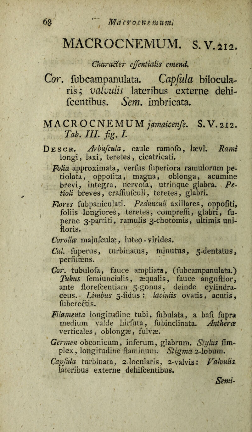 MACROCNEMUM. S.V.aia. Chara&er ejfentialis emend. Cor. fubcampanulata. Capfula bilocula- ris; valvulis lateribus externe dehi- fcentibus. Sem. imbricata. MACROCNEMUMjamaicenfe. S.V.212. Tab, III. fig. I. Descr. Arbufcula, caule ramofo, laevi. Rami longi, laxi, teretes, cicatricati. Folia approximata, verfus fuperiora ramulorum pe- dolata, oppofita, magna, oblonga, acumine brevi, integra, nervofa, utrinque glabra. Pe- tioli breves, craffiufculi, teretes, glabri. Flores fubpaniculati. Pedunculi axillares, oppofiti, foliis longiores, teretes, comprefii, glabri, fu- perne 3-partiti, ramulis 3-chotomis, ultimis uni- floris. Corollce majufculae, luteo-virides. Cal. fuperus, turbinatus, minutus, 5-dentatus, perfiitens. Cor. tubulofa, fauce ampliata, (fubcampanulata.) Tubus femiunciatis, aequalis, fauce anguftior, ante florefcentiam 5-gonus, deinde cylindra- ceus. Limbus 5-ddus : laciniis ovatis, acutis, fuberectis. Filamenta longitudine tubi, fubulata, a bafi fupra medium valde hirfuta, fubinclinata. Antherce verticales, oblongae, fulvae. Germen obconicum, inferum, glabrum. Stylus lim- plex, longitudine ftaminum. Stigma 2-lobum. Capfula turbinata, 2-locularis, 2-valvis: Valvulis lateribus externe dehifcentibus. Semi-