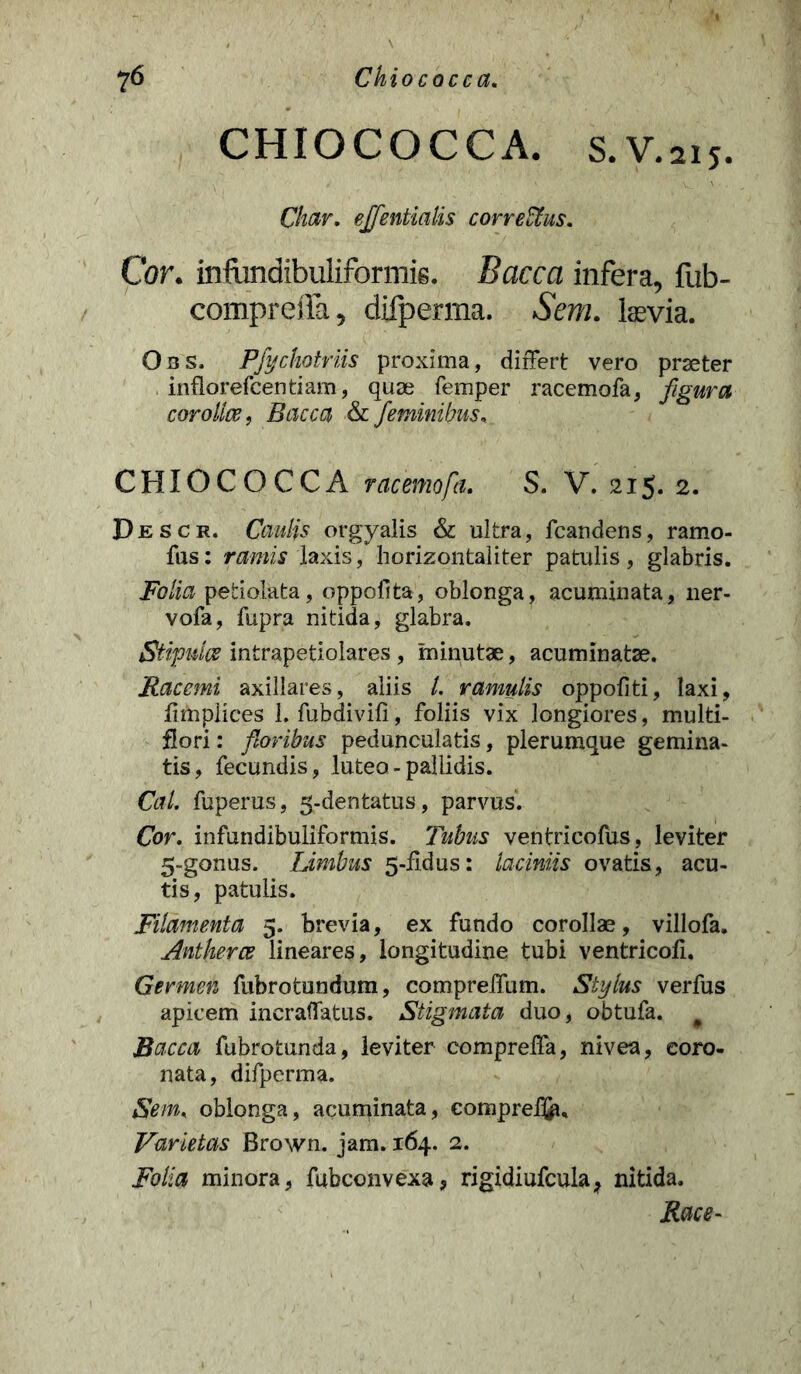 CHIOCOCCA. s.V.2is. Char. ejfentialis correctus. Cor. infundibuliformie. Bacca infera, fub- comprefla, difperma. Seni, laevia. Oss. Pfychotriis proxima, differt vero praeter inflorefcentiam, quae femper racemofa, figura corolloe, Bacca & feminibus. CHIOCOCCA racemofa. S. V. 215. 2. Descr. CWf? orgyalis & ultra, fcandens, ramo- fus: ramis laxis, horizontaliter patulis, glabris. Jfr/ia petiolata, oppolita, oblonga, acuminata, ner- vofa, fupra nitida, glabra. Stipules intrapetiolares , minutae, acuminatae. Racemi axillares, aliis /. ramulis oppofiti, laxi, limplices 1. fubdivifi, foliis vix longiores, multi- flori : floribus peduncularis, plerumque gemina- tis, fecundis, luteo - pallidis. Cal. fuperus, 3-denfcatus, parvus'. Cor. infundibuliformis. Tubus ventricofus, leviter 5-gonus. Limbus 5-ffdus: laciniis ovaris, acu- tis, patulis. Filamenta 5. brevia, ex fundo corollae, villofa. Antherce lineares, longitudine tubi ventricofi. Germen fubrotundum, compreffum. Stylus verfus apicem ineraffatus. Stigmata duo, obtufa. # Bacca fubrotunda, leviter compreffa, nivea, coro- nata, difperma. Sem. oblonga, acuminata, compreffe. Varietas Brown. jam. 164. 2. Folia minora, fubconvexa, rigidiufcula^ nitida.