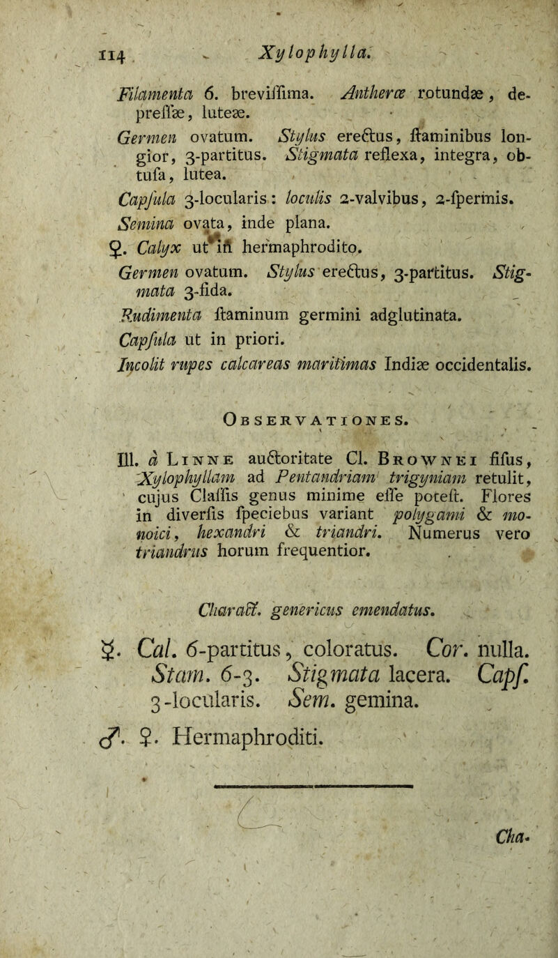 Filamenta 6. breviflima. Antkerce rotundae, de- preffae, luteae. Germen ovatum. Stylus ere&us, flaminibus lon- gior, 3-partitus. Stigmata reflexa, integra, ob- tufa, lutea. Capfula 3-locularis: loculis 2-valvibus, 2-fpermis. Semina ovata, inde plana. 2. Calyx ut*ift hermaphrodito. Germen ovatum. Stylus ere&us, 3-partitus. Stig- mata 3-fida. Rudimenta flaminum germini adglutinata. Capfula ut in priori. Incolit rupes calcareas maritimas Indiae occidentalis. Observationes. 111. a Linne au&oritate Cl. Brownei filus, 'Xylophyllam ad Pentandriam trigyniam retulit, cujus ClalAs genus minime efle poteft. Flores in diverfls fpeciebus variant polygami & mo- noici, hexandri & triandri. Numerus vero triandrus horum frequentior. Charaffi. genericus emendatus. Cal. 6-partitus, coloratus. Cor. nulla. Starn. 6-3. Stigmata lacera. Capf. 3-locularis. Sem. gemina. <y. ?. Hermaphroditi.