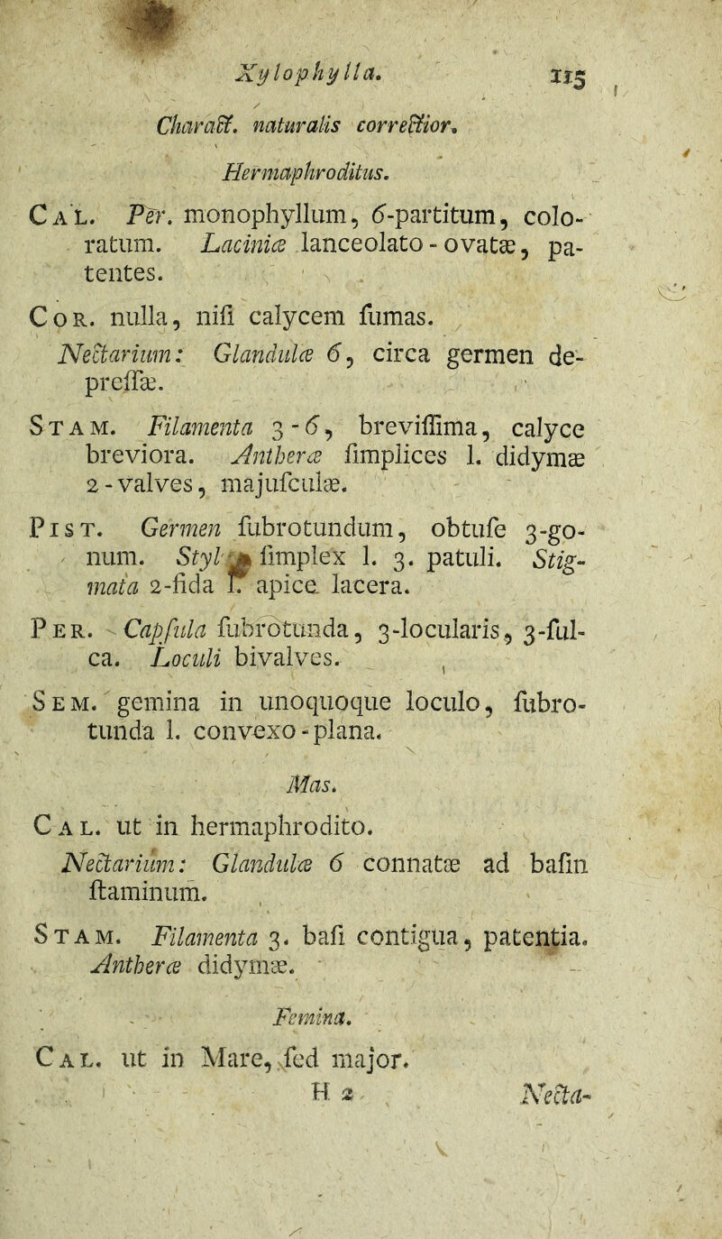 Xylo phy Ita. xi$ • - . ■ ‘ ■' . .  /\ / i v Charaffi. naturalis corre&ior. Hermaphroditus. Ca l. Per. monophyllum, <5-partitum, colo- ratum. Lacinia lanceolato - ovatas, pa- tentes. Cor. nulla, nifi calycem fumas. Nettarium: Glandula tf, circa germen de- preffax S t a m. Filamenta 3 - 6, breviffima, calyce breviora. Anthera fimplices 1. didymae 2 - valves, majufculae. Pist. Germen fubrotundum, obtufe 3-go- num. Styl':j* limplex 1. 3. patuli. Stig- mata 2-fida 17 apice lacera. Per. Capfula fubrotunda, 3-locularis, 3-fui- ca. Loculi bivalves. , Sem. gemina in unoquoque loculo, fubro- tunda 1. convexo - plana. Mas. Cal. ut in hermaphrodito. Nectarium: Glandula 6 connatos ad bafin flaminum. Stam. Filamenta 3. bafi contigua, patentia. Anthera didyrnos. Femina. Cal. ut in Mare, fed major.