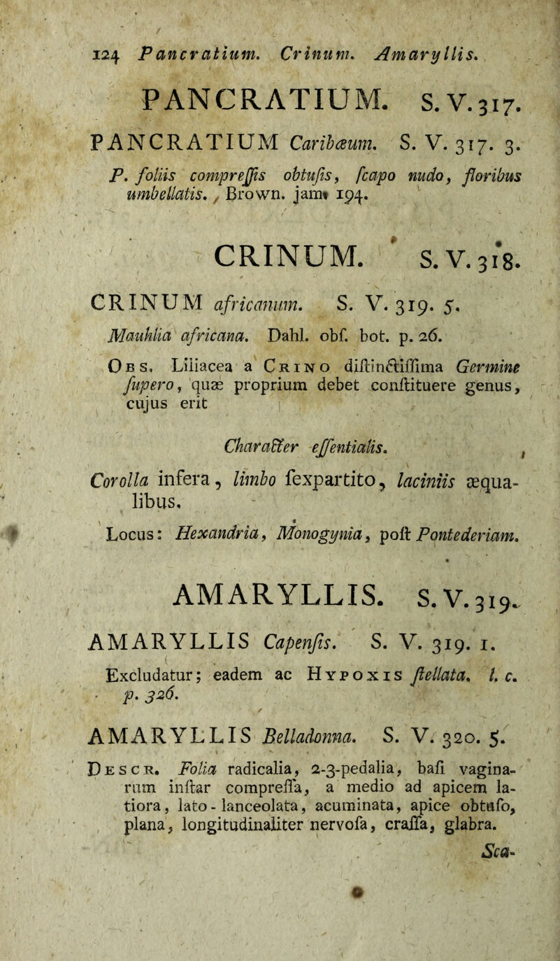 PANCRATIUM. s.v.317. PANCRATIUM Caribceum. S. V. 317. 3. jP. foliis compr effis obtufis, [capo nudo, floribus umbellatis. / Ikown. jamt 194. CRINUM. S. V. 31*8. CRINUM africanum. S. V. 319. 5. Mauhlia africcina. Dahl. obf. bot. p. 26. Obs, Liliacea a Crino diUin&iffima Germine fupero, quse proprium debet conftituere genus, cujus erit Chara&er ejfentialis. ; Corolla infera, limbo fexpartito, laciniis ecqua- libus. Locus: Hexcmdria9 Monogynia, poli: Pont e deviam. AMARYLLIS. S.V.319, AMARYLLIS Capenfis. S. V. 319. 1. Excludatur; eadem ac Hypoxis Jlellata. I c. p. / ' ;; / - AMARYLLIS Belladonna. S. V. 320. 5* Descr, Folia radicalia, 2-3-pedalia, bali vagina- rum inftar comprelTa, a medio ad apicem la- tiora, lato - lanceolata, acuminata, apice obtafo, plana, longitudinaliter nervofa, craiTa, glabra. SVa-