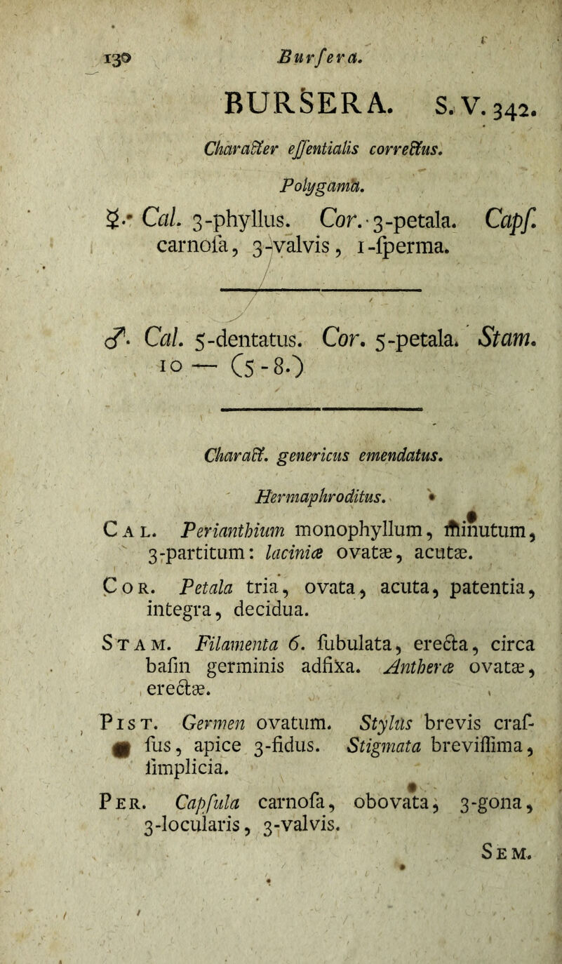 i^o Burfera, BURSERA. S. V. 342. Ckaraffier effentialis correctus. Polygamh. $.* Cal. 3-phyllus. Cor. 3-petala. Capf. carnoia, 3-valvis, i-fperma. - ’ ' ' ; V'. ; WM&A cT- Cal. 5-dentatus. Cor. 5-petala. Stam. 10 — (5-80 Charaffi. genericus emendatus. Hermaphroditus. • Cal. Perianthium monophyllum, Ainutum, 3-partitam: lacinia ovatae, acutae. Cor. Petala tria, ovata, acuta, patentia, integra, decidua. Stam. Filamenta 6. fubulata, erefta, circa bafin germinis adfixa. Antherce ovatae, ereftae. Pist. Germen ovatum. Stylus brevis craf- m fus, apice 3-fidus. Stigmata breviffima, iimplicia. Per. Capfula carnofa, obovata, 3-gona, 3-1 ocularis, 3-valvis. Sem.