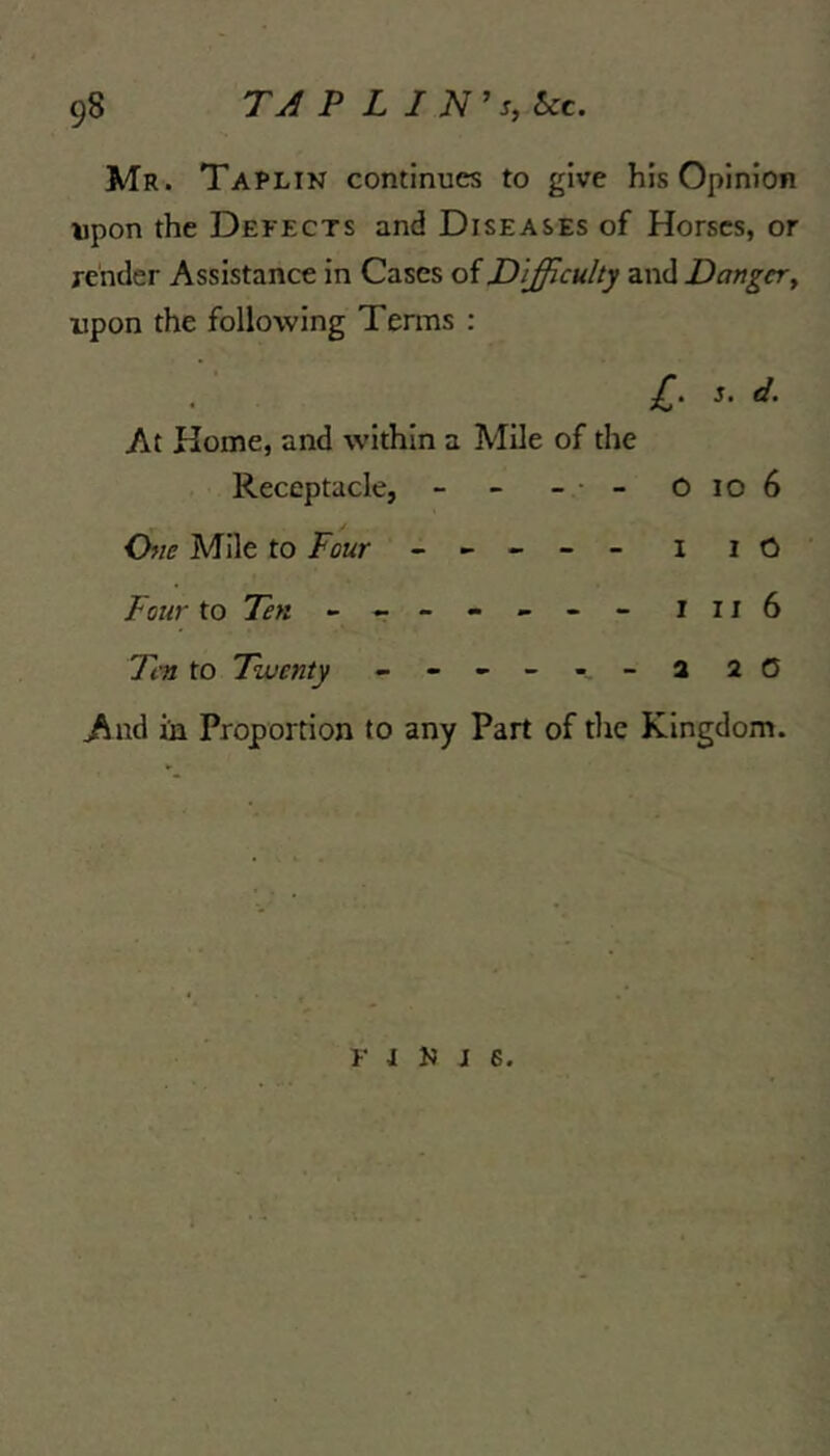 Mr. Taplin continues to give his Opinion upon the Defects and Diseases of Horses, or render Assistance in Cases of Difficulty and Danger y upon the following Terms : ^.5. d. At Home, and within a Mile of the Receptacle, - - - Oio6 One Mile to Four - -- -- iiO Four to Ten - -- -- -- Iii6 Ten to Twenty - -- -- -a 20 And ia Proportion to any Part of the Kingdom. F I N J 6.
