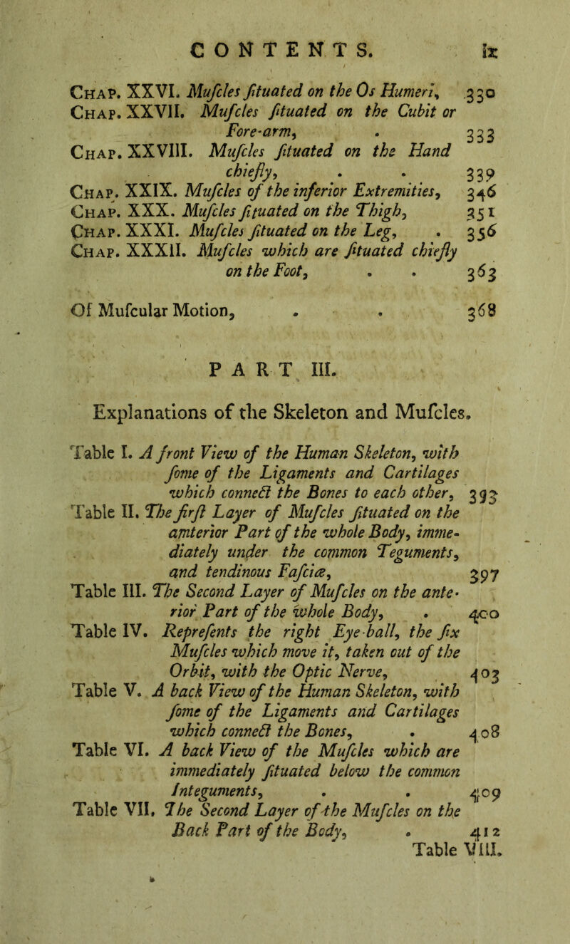 Chap. XXVI. Mufcles fituated on the Os Humeri^ .350 Chap. XXVII. Mufcles fituated on the Cubit or Fore-arm^ . 333 Chap. XX VIII. Mufcles fituated on the Hand chiefly, . 339 Chap. XXIX. Mufcles of the inferior Extremities^ 346 Chap. XXX. Mufcles fituated on the Thigh^ 351 Chap. XXXI. Mufcles fituated on the Leg, . 35^ Chap. XXXII. Mufcles which are fituated chiefly on the Footi . . 363 Of Mufcular Motion, . . 368 PART III. Explanations of the Skeleton and Mufcles. Table 1. A front View of the Human Skeleton, with fome of the Ligaments and Cartilages which conned the Bones to each other. Table II. The firfl Layer of Mufcles fituated on the amtertor Part of the whole Body, imrne- diately under the common Teguments, and tendinous FafcicB, Table III. The Second Layer of Mufcles on the ante- rior Part of the whole Body, Table IV. Reprefents the right Eye-ball, the fix Mufcles which move it, taken out of the Orbit, with the Optic Nerve, Table V. A back View of the Human Skeleton, with fome of the Ligaments and Cartilages which conned the Bones, Table VI. A back View of the Mufcles which are immediately fituated below the common Integuments, Tabic VII. Lhe Second Layer of the Mufcles on the Back Part of the Body, Table m 597 400 403 408 409 412 VllL