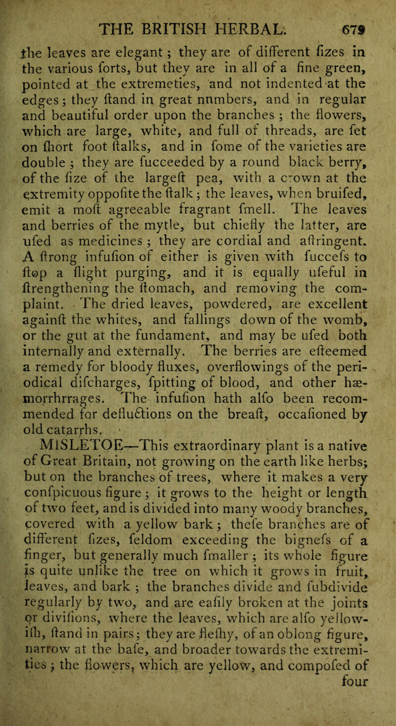 tlie leaves are elegant; they are of different fizes in the various forts, but they are in all of a fine green, pointed at the extremeties, and not indented'at the edges; they ftand in great numbers, and in regular and beautiful order upon the branches ; the flowers, which are large, white, and full of threads, are fet on fliort foot ftalks, and in fome of the varieties are double ; they are fucceeded by a round black berry, of the fize of the largeft pea, with a c^'own at the extremity oppofite the flalk; the leaves, when bruifed, emit a moft agreeable fragrant fmell. The leaves and berries of the mytle, but chiefly the latter, are ufed as medicines ; they are cordial and affringent. A firong infufion of either is given with fuccefs to flop a flight purging, and it is equally ufeful in flrengthening the llomach, and removing the com- plaint. The dried leaves, powdered, are excellent againfl: the whites, and fallings down of the womb, or the gut at the fundament, and may be ufed both internally and externally. The berries are efleemed a remedy for bloody fluxes, overflowings of the peri- odical difcharges, fpitting of blood, and other hae- morrhrrages. The infufion hath alfo been recom- mended for deflu£lions on the breaft, occafioned by old catarrhs, MiSLETOE—This extraordinary plant is a native of Great Britain, not growing on the earth like herbs; but on the branches of trees, where it makes a very confpicuous figure ; it grows to the height or length of two feet, and is divided into many woody branches, covered with a yellow bark; thefe branches are of different fzes, feldom exceeding the bignefs of a finger, but generally much fmaller ; its whole figure is quite unlike the tree on which it grows in fruit, leaves, and bark ; the branches divide and fubdivide regularly by two, and are eafily broken at the joints or divifions, where the leaves, which are alfo yellow- ifli, hand in pairs; they are flefliy, of an oblong figure, narrow at the bafe, and broader towards the extremi- ties ; the flowers, which are yellow, and compofed of