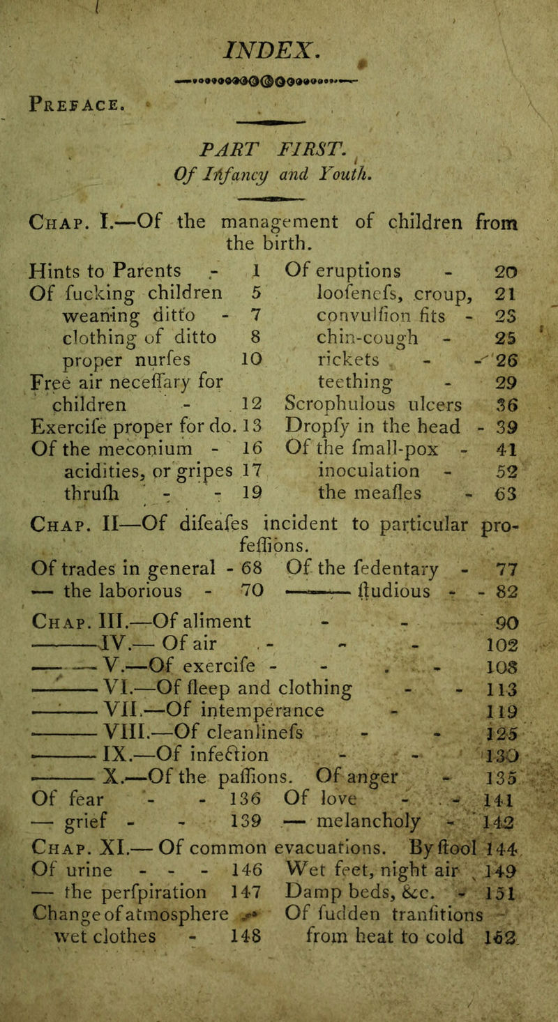 * Prepace. lyjisr. i Of liifancy and Youth, Chap. I.—Of the management the birth. of children from Hints to Parents 1 Of eruptions 20 Of fucking children 5 loofencfs, croup. 21 weaning ditto 7 convulfion fits - 23 clothing of ditto 8 chin-cough - 25 proper nurfes 10 rickets 26 Free air neceffary for teething 29 children 12 Scrophulous ulcers 36 Exercife proper fordo. 13 Dropfy in the head - 39 Of the meconium - 16 Of the fm all-pox - 41 acidities, or gripes 17 inoculation 52 thrufli ' - - 19 the meafles 63 Chap. II—Of difeafes incident to particular pro- feffipns. Of trades in general - 68 Of the fedentary - 77 — the laborious - 70 —^— lludious - - 82 Chap. III.—Of aliment - - - 90 JV.— Of air , - - - 102 — N,—Of exercife - - . - 108 —^ VI.—Of fleep and clothing - - 113 —: VII.—Of intemperance - 119 ■ VIII.—Of cleaniinefs - - 125 ■ IX.—Of infection - - 130 X.—Of the paflions. Of anger - 135 Of fear - - 136 Of love - . - 141 — grief - - 139 — melancholy - * 142 Chap. XI.— Of common evacuations. Byftool 144 Of urine - - - 146 Wet feet, night air ^ 149 — the perfpiration 147 Damp beds, &;c. - 151 Change of atmosphere Of fudden tranfitions - wet clothes - 148 from heat to cold 163.