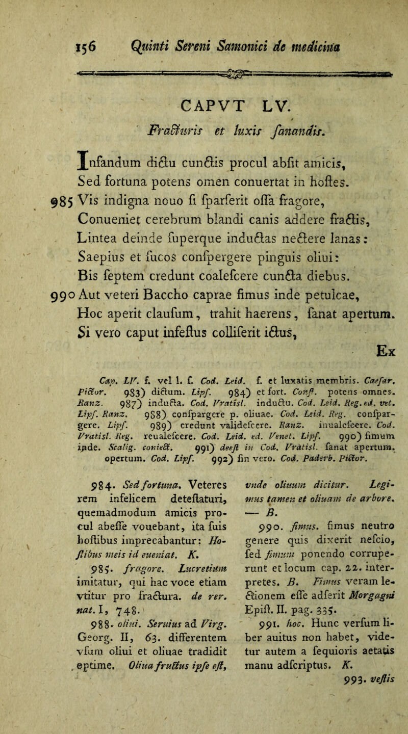 CAPVT LV. Fradhiris et luxit fanandis. Infandum dictu eundis procul abiit amicis. Sed fortuna potens omen conuertat in hoftes. 985 Vis indigna nouo fi fparferit offa fragore, Conueniet cerebrum blandi canis addere fradis. Lintea deinde fuperque indudas nedere lanas: Saepius et fucos confpergere pinguis oliui: Bis feptem credunt coalefcere eunda diebus. 990 Aut veteri Baccho caprae fimus inde petulcae. Hoc aperit claufum, trahit haerens, fanat apertum. Si vero caput infeflus colliferit idus, Ex Ca». LV. f. vel 1. f. Cod. Lrid. i. et luxatis membris. Caefar. PiEtor. 983) di&um. Lipf 984) ct fort. Conft. potens omnes. Ranz. 987) indufta. Cod. Vrattsl. indufru. Cod. Leid. Reg.ed. vet. Lipf. Ranz. 9S8) confpargcre p. oliuae. Cod. Leid. Reg. confpar- gere. Lipf. 989) credunt validcfccre. Ranz. inualcfccrc. Cod. Pratisl. Reg. reualefcere. Cod. Leid. ed. Venet. Lipf. 990) fimum i/ade. Scalig. conieEt. 991) deeji in Cod. Vrdtisl. fanat apertum, opertum. Cod. Lipf. 992) fin vero. Cod. Paderb. PiEtor. 984. Sed fortuna» Veteres rem infelicem deteftaturi, quemadmodum amicis pro- cul abeffe vouebant, ita fuis hoftibus imprecabantur: Ho- fiibus meis id eueniat. K. 98 v fragore. Lucretiam imitatur, qui hac voce etiam vtitur pro fraclura. de rer. nat.l, 748. 988. oliui. Seruius ad Virg. Georg. II, 63. differentem vfum oliui et oliuae tradidit eptime. Oliua fruUus ipfe ejt, vade oliuum dicitur. Legi- mus tamen et oliuam de arbore. — B. 990. fimus, fimus neutro genere quis dixerit nefeio, fed fimum ponendo corrupe- runt et locum cap. 22. inter- pretes. B. Fimus veram le- nonem effe adferit Morgagni Epift. II. pag. 335. 991. hoc. Hunc verfum li- ber auitus non habet, vide- tur autem a fequioris aetatis manu adferiptus. K. 993. vefiis