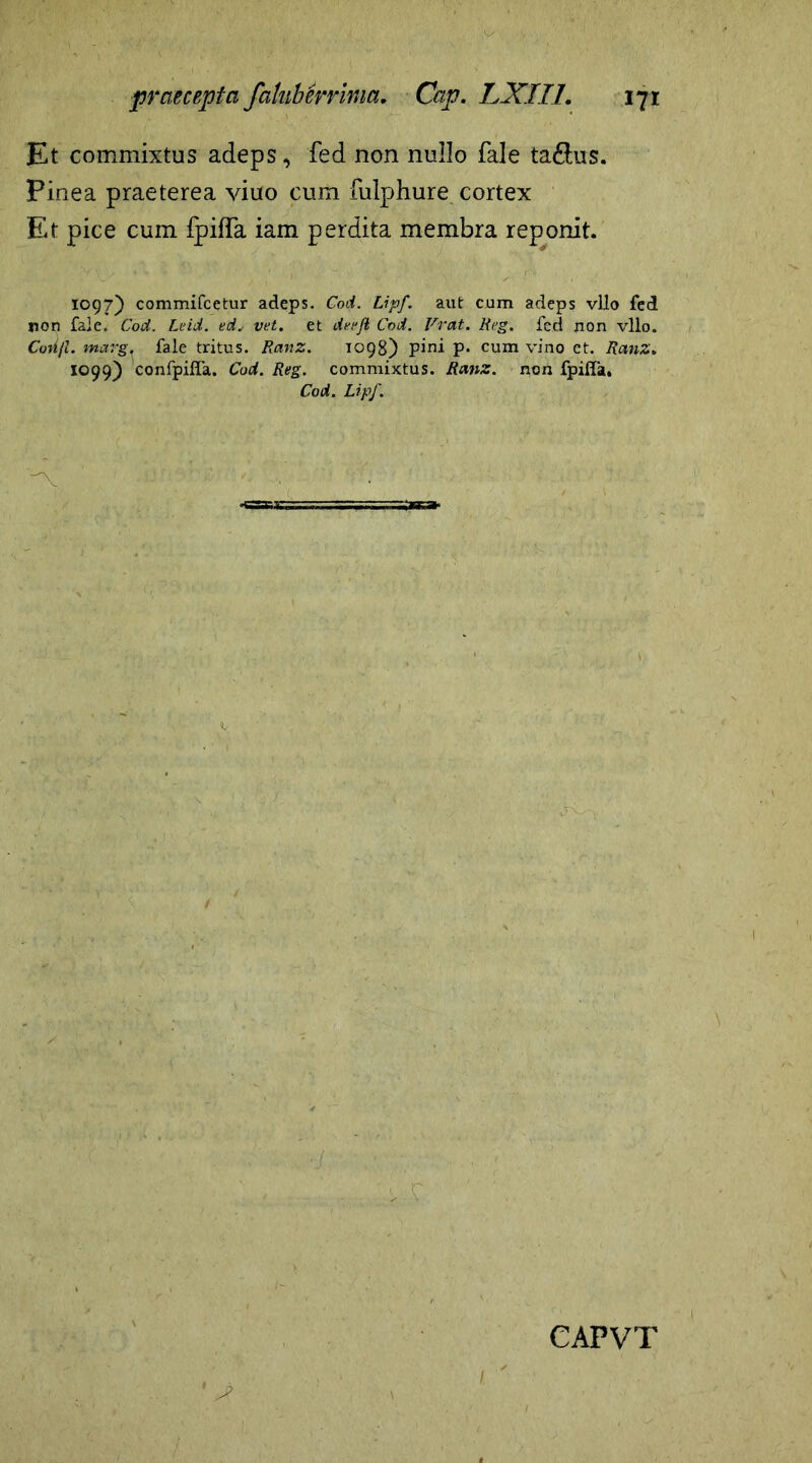 Et commixtus adeps, fed non nullo fale ta&us. Pinea praeterea viuo cum fulphure cortex Et pice cum Ipiffa iam perdita membra reponit. 1097) commifcetur adeps. Cod. Lipf. aut cum adeps vllo fed non fale. Cod. Leid. ed.. vet. et derjl Cod. Vrat. Reg. fed non vllo. Coiijl. marg. fale tritus. Ranz. 1098) pini p. cum vino et. Ranz, 1099) confpifla. Cod. Reg. commixtus. Ranz. non fpifla, Cod. Lipf. 'V > ; •, - '  v. i.. ...i V V