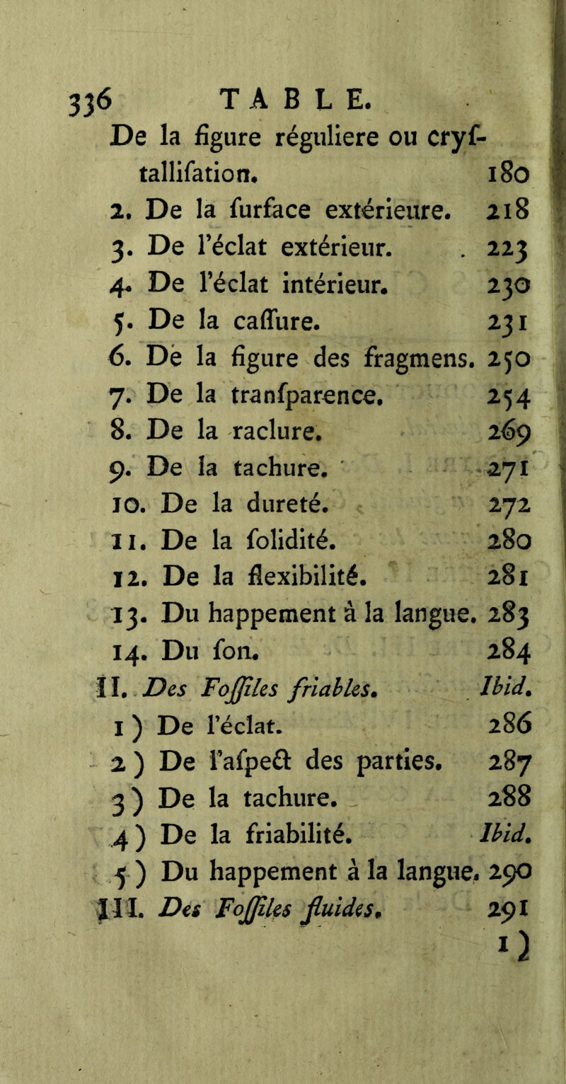 356 TABLE. De la figure régulière ou cryf- tallifation. l8o 2. De là furface extérieure. ai8 3. De l’éclat extérieur. . 223 4. De l’éclat intérieur. 230 5. De la caffure. 231 6. Dé la figure des fragraens. 250 7. De la tranfparence. 254 8. De la raclure. 269 9. De la tachure. 27I 10. De la dureté. 272 11. De la folidité. 280 12. De la flexibilité. 281 13. Du happement à la langue. 283 14. Du fon. 284 î I. I?es Fojjßks friables. Ibid, I ) De l’éclat. 286 2) De l’afpeû des parties. 287 3) De la tachure. 288 4 ) De la friabilité. Ibid. 5 ) Du happement à la langue. 290 JIî. Des FoffUs fiuides, 291 O