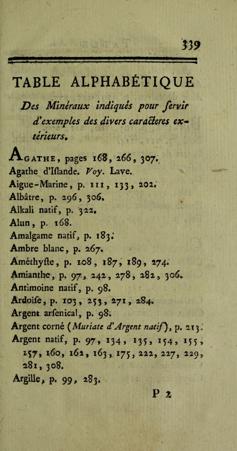 Î39 TABLE ALPHABÉTIQUE Des Minéraux indiqués pour fervîr £ exemples des divers caraBeres ex^ térieurs. Agathe, pages i68, 266, 307* Agathe d’Iflande. Voy. Lave. Aigue-Marine, p. îii, 133, 201# Albâtre, p. 296, 306» Alkali natif, p. 322» Alun, p. 168. Amalgame natif, p. 183; Ambre blanc, p. 267. Améthyfte, p. 108, 187, 189, 274* Amianthe, p. 97,^ 242, 278, 282, 3o5* Antimoine natif, p. 98. Ardoife, p. 103, 2ç3, 271, a84* Argent arfenical, p. 98^ Argent corné (^Muriate d*Argent natif), p. 213.’ Argent natif, p. 97, 134, 135, 154, 155, 137, 160, i6a, 163, 175, aaa, 227, 229, a8i, 308. Argille, p. 99, 283.