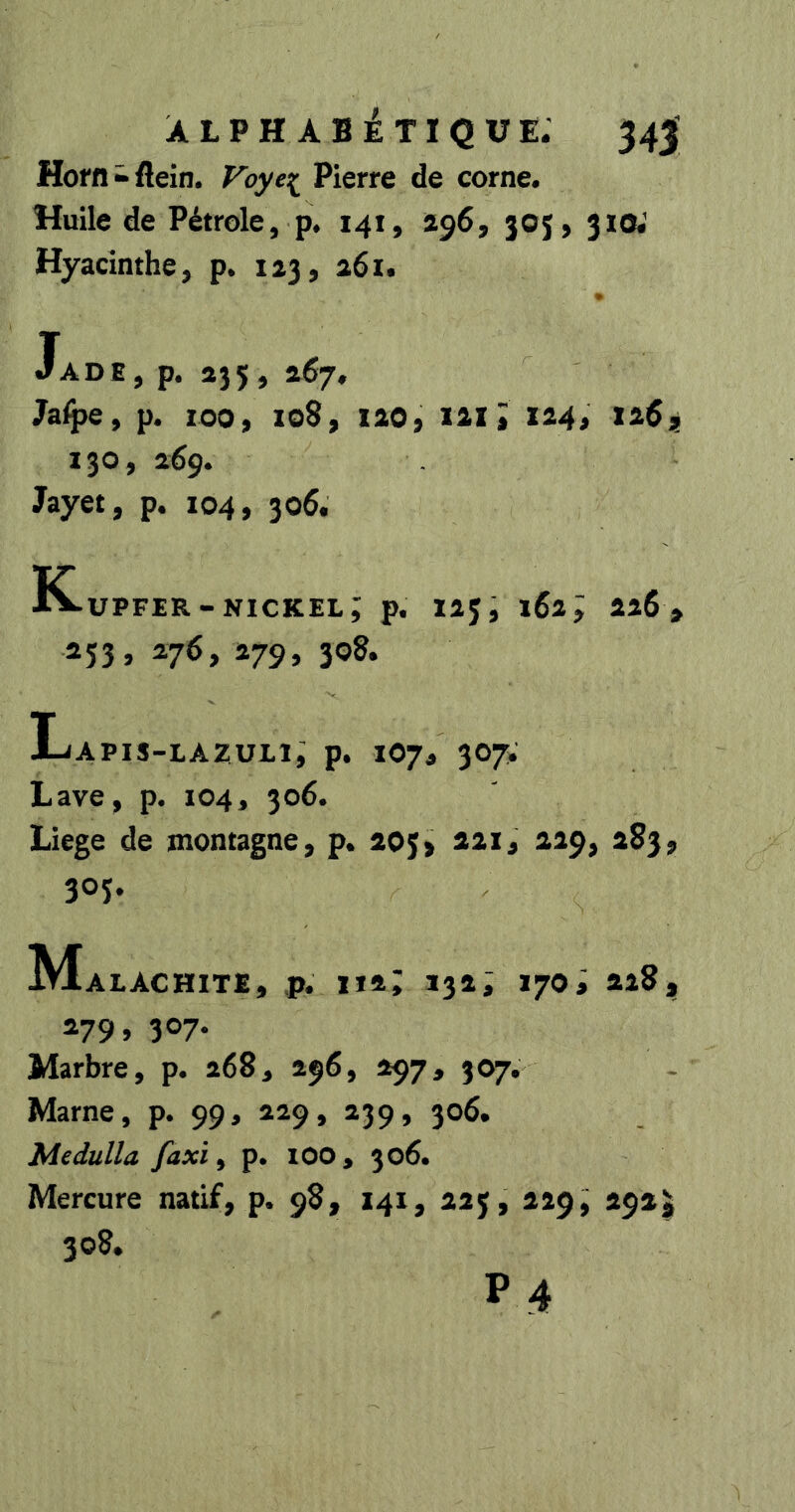 Hofn-flein. r'oye:^ Pierre de corne. Huile de Pétrole, p. 141, 296, 305, 3x0; Hyacinthe, p. 123, a6i. Jade, p. 235, 267, Ja^e, p. 100, 108, 120, 121 ï 124, 12$ j 130, 269. Jayet, p. 104, 306. K-upfer-nickel; p. 123, 162; 226, 233, 276, 279, 308. Lapis-lazuli; p. 107, 307. Lave, p. 104, 306. Liege de montagne, p. 20$} 221, 229, 283, 303. ^Malachite, .p. 1*2; 132; 170; 228, 279, 307. Marbre, p. 268, 296, 297, 307. Marne, p. 99, 229, 239, 306. Medulla faxi, p. lOO, 306. Mercure natif, p. 98, 141, 223, 229, 292^ 308.