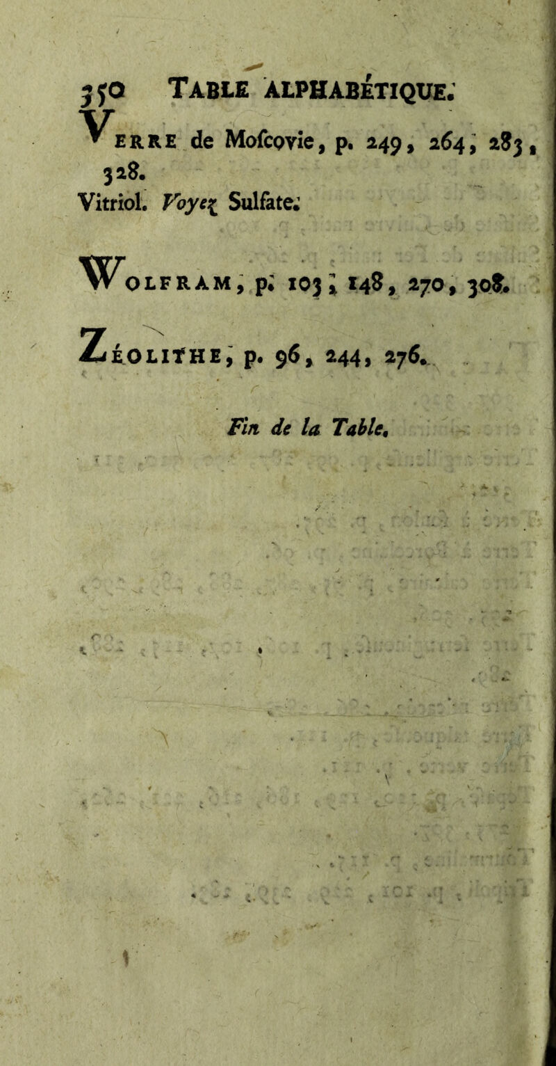 5 JO Table alphabétique. V ^ ERRE de Mofcovie, p. 249, 264, 283, 328. Vitriol. Voyti^ Sulfate; X^OLFRAM, p; 103; 148, 270, 308. ZéoliThe, p. 9$, 244, 276.. Fin de la TabU^