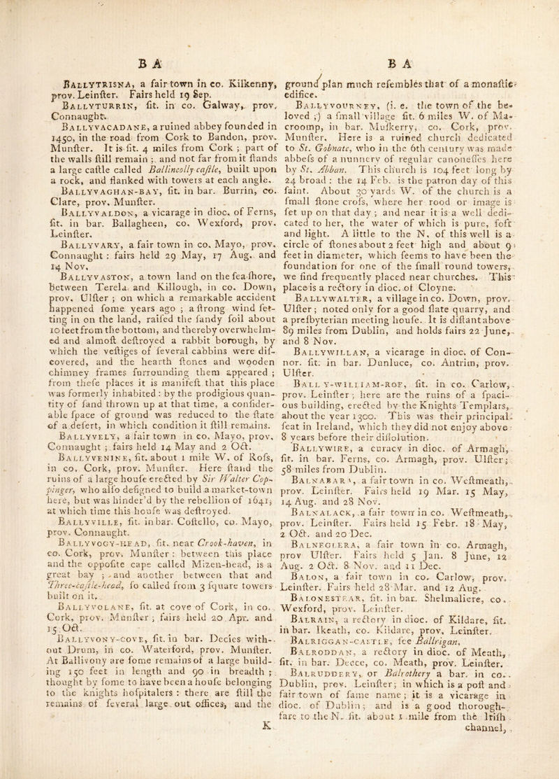 Bai.lyodteTvAGH, (or the town of brasler^) io calied from a remarkable copper manufac- tory, once carried on here ; it is lit. near Caf- tleniartyr, co. Cork, prov. Munldcr, in which 'was antieiitly .a Leper-houfe. • rhere is. no copper ore near tins place, but iron-mine almoft every where round it. Ballyowen, lit. in bar. Newcafllc, <.co. Dublin, prov..Lei-nfter. ' Ballyfatrick, a vil]a$!;e in bar. Iffa and Offa, CO. 'Tipjjerary, .proY. Munfter. Ballypiiillip, a redlory in dioc. of Down, fit. in ban Ardes, eo. Down, prov. Ulifer. 1>allypop.eeY, a fair town in co. Tippe- rary, prov. Aiuniler, near 97 miles from Dub- lin.; where is a diandfome feat, with a hne wood; fairs held 12 Alay, 21 Aug. and 17 Dec. BALLYQprLLan£, a pedlory in .-dioc. of Leighl-in, lit. in bar. Stradbally, Qiieen’s -co. prov. Leinller. Baelyquintek-Point, a -in bar. Ardes, ■€Q, .Down, prov. Ulller B A lla^ragget, lit. ' in bar. FalTadinningf, CO. Kilkenny, prov. Leinller, near 50 miles .-from Dublin; here is .a barrack ; alfo a line feat, with handlome improvements: fairs held 20 Feb, 20 Apr. 22 June, 4 Sept. 20 Odt. and 10 Dec. B a i.LYK a SEi Ay E, a Vicaruge i n :.dioc. oFdon- nor, lit. .in bar. Duhluce, co. Antrim, p-rov. Ulller. Bae'Ly^roan, a fair townin Queen^s co. prov. Ldnfter, above 44 miles from Dublin, and within about 5 miles of hlaryborough: fairs held 15 AJaw, Tcft'Wednefday, O. S. in July and fccond Wednelday, 'O. S. in Nov. Ba ELY Ro-NEY-Lake,“ fit. near Rath fry land, in CO. Dov/n, prov. Ulller. .BallysADERE, 'Ballyjederf. BALi-YSAYy -a feat of tiie Annefley family, fit. near Tilcullen bridge., .in bar. Ophaly, co. Kildare, prov. Leinller : within hall a mfle mf it are the ruins of a calll.c. Baj^'LYSc ADDFN, a redtorviii dioc. of Enily, fit. in bar, ..SirialLcounty, CO. .Limeridc, prov. Alunller. Ballysc ANDL A Y, a fair towH in co. Lime- rick, pEOV. Miiniler: fairs htdd <8 juive, 12 Aug. 29 Sept, and 16 N-ov. BaEL'^ scui.LEK, ateftory in dioc. of Derry, fit. in Kar, Lou.ohiinlhoKn,-'CO. iLondonclenv, • -O * prov. Lifter. Ba L],vsEi>ERE, or BnlUfodorc. .'d vic-arage in Aloe. Achonry, lit. in bar. Leney, co. Sbg;o, prov. Connauglit.—Alio a village in bar. 1 y- Eaghiill, in fame co. in wbieh are tJie ruins of Bally[edi:yc-abbcy, awiully magnificent; near it arc the-ruins c/f a church. Fairs held 4 Aug. j2 Nov. and 15 Dec. Hereabouts arc very .pretty waterl.alls i the icencry is bold:, and if the fdlls were thro’ a dark wcod, would be amongfl the be ft views, perhaps, in the woild. This place is fometimes written Balivfodare. BAELYSEEDAy fit. 2 milcs ■ S- E» of Traleej in CO, Kerry, prov, Alunfter. EaelysiiANNOY; a borough, market and^ poft-town, in bar, Tyibugh, Donegal, . proVf XJlfter, i©b miles from Dublin ; having a good harbour E, of Donegal bay : it has a bridge of-44 arches, over a river which runs out of Lough-F.rne, -and falls down a ridge of rocks, about 12 feet, and at dow water forms a moft beautilul and .pi61urefc|ue 'Cafeade ; it is rendered lingular by being the principal Jalmon-leap in Ireland, Tat. 54 : 25, Ion. 8:30, it has a barrack for one company of foot, and returns two members to parliament; patron, Ft, Hon. Mr, Conolly.' Tairs held 4 April, Tuelclay before la June, 18 Sept, and Tuef- 'day after .11 Nov. Near Ballyfhannon are the ■remains of the abbey of Alliro%v'\ fome of the gilding in the vault of-the cloifter is ftill vilible-, Alfo a village of fame name in bar, Opdialy, co« Kildare, prov. Teinller. Bally SOD ARE fee Bally feders. Balla^som AH AN, lit. ill bat. TyraghriU, co. S.l i'g o, p F o v. Cm ni l a u glit, ‘ Baeeysonnon, a reffory in dioc. of Kildare, lit. in bar:.^Qphaly, 00. Kildare, prov. Leinller. BAiEY-SPELLAN, a village lit. near Beggars- inn^ in bar. Gaimoy, co. Kilkenny, prov. Lein- fter ; here is a famous Chalybeate fpa, excel- lent for clilorders of the ftomach and eruptions of thelkin,—'Alfo a vicarage in dice, of Cloyne, ■lit. in bar, Barrymore, GO. Co*rk, prov,- Alimfter. Ballaateagup:, 4it, in co. Kildare,; prov. Leinfter : here is a very extenlivc bog, thro’ wdiich the grand canal fiomDubiin toMonafter- evan is cut : on the banks of it. frauds the old caftle of Biillytoague. d his place is Otherwife called Ballintcavue. I > BAELYTEiG-BAY, Ft. Ill bat-. Bargit, co. ‘Wexford, prov,. Iveinfter. BAi-LVRENAVE, lit. in ,CO. Rofcominon, prov. Connaught : having a hi idge over part of Lough Allen. Eai/lyttore, n beautiful village in co. Kil- dare,'|)roY. Leinfter ; hear 28 miles from Dub* liii ; W'herc is a colony of Quakers : it lies in a valley, a fmail diftaiice from the high road to ■Carlow .; the river G; ,yj winds its ftreams very near the lioules ; and the buildings, orciiards and gardens lhew a kind of elegant liiuplicity peculiar to tliat people. This iS a poft-town. Fairs held . 10 March, 25 Aug. and 30 Nov. Balla^trane, lit. in bar. tdrone, co. Carlowy prov. Leinfter.—1 here is a place of fame name in co. Monaghan, prov. Ulller. Ballytrant, lit. ill bar. Fortli^ co. Wex~ ford, prov- Leiniler. Bax>eA'