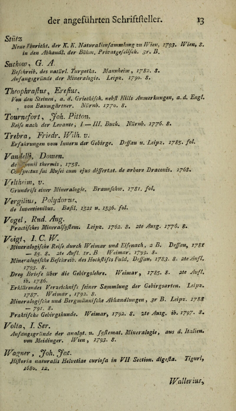 Siiilz Neue Finrichf. der K. K. NaturathnfammUmg zu IFieu, i^Q3> Ivient 8. in den AbhandL der ßUhm, Privatgefeilfch, sr. B, Suckoip-> G. A. Befchreib, des natUrl. Tiirpeths. Mannheim^ 1782. 8» Anfangsgriinäe der Mineralogie* Leipz, iP!^o. 8, / Thfophraßus ^ Ertßus., Bon den Steinen, a. d. Griechifck. nehß Hills Anmerkungen, a.d. Engt. ^ von Baumgcirtner. Nilrnb, 1770, 8, Tourmfort^oh. Pitton. Reife nach der Levante, 1 — III. Buch. Nürnh, 8. Trebra, Eriedr. IVdh. v. Erfahrungen vom Innern der Gebirge. Dejfau u. Leipz. 1785* E^andellf, Domen. de ' fponit thermis, 1758. Cxjkfpectus fui Mufei cum ejus dijfertat. de arhore Draconi's. 176S. 'Vtbhenn, v. Crundrifs einer Mineralogie. Braunfchw. 17Si, fot. Vergilnu, Polydorzir., ■ de Inoentionibus. Bafil, 1321 u. 153O. fot. Vogel, Rud. Aug. Practifckes Mineralfijßem. Leipz. J7O2. 8. £te Ausg. 1776. 8. 'Voigi, l.C.W. \ Miner ato gif che Reife^durch IBeimar und Eifenach, 2 B. Beffau^ J78t — 85. 8. 2te Aufl. ir. B Weimar. i793> 8. Mine^alogifche Befchreib. des Hochßifts Fuld. Deß'au, i783' 8. zteAufl. 1793> 8. Brey Briefe über die Gebirgslehre. Weimar^ 2785» 8. 2te Aufl. ib. 1786. V ^ Erklärendes Verzeichnifs feiner Sammlung der Gebirgsarten. Leipz. 2787. Weimar, 27g2. 8. Mineralogifche und Bergmännifche Abhandlungen , sr B. Leipz. 2788 — 7gi. 8. Fraktifche Gebirgskunde. Weimar, 2792. 8. ite Ausg. ib. 2797. 8, Volta, I. Ser. Anfangsgrunde der anatyt. u. fijßemat. Mineralogie, aus d. Italien, von Meidinger. Wien, 2793. 8. Wagner, ^oh. Jac. Jlißoria naturalis Helvetiae curhfa in VH Section. digeßa. Tiguri, i08q. 22. •
