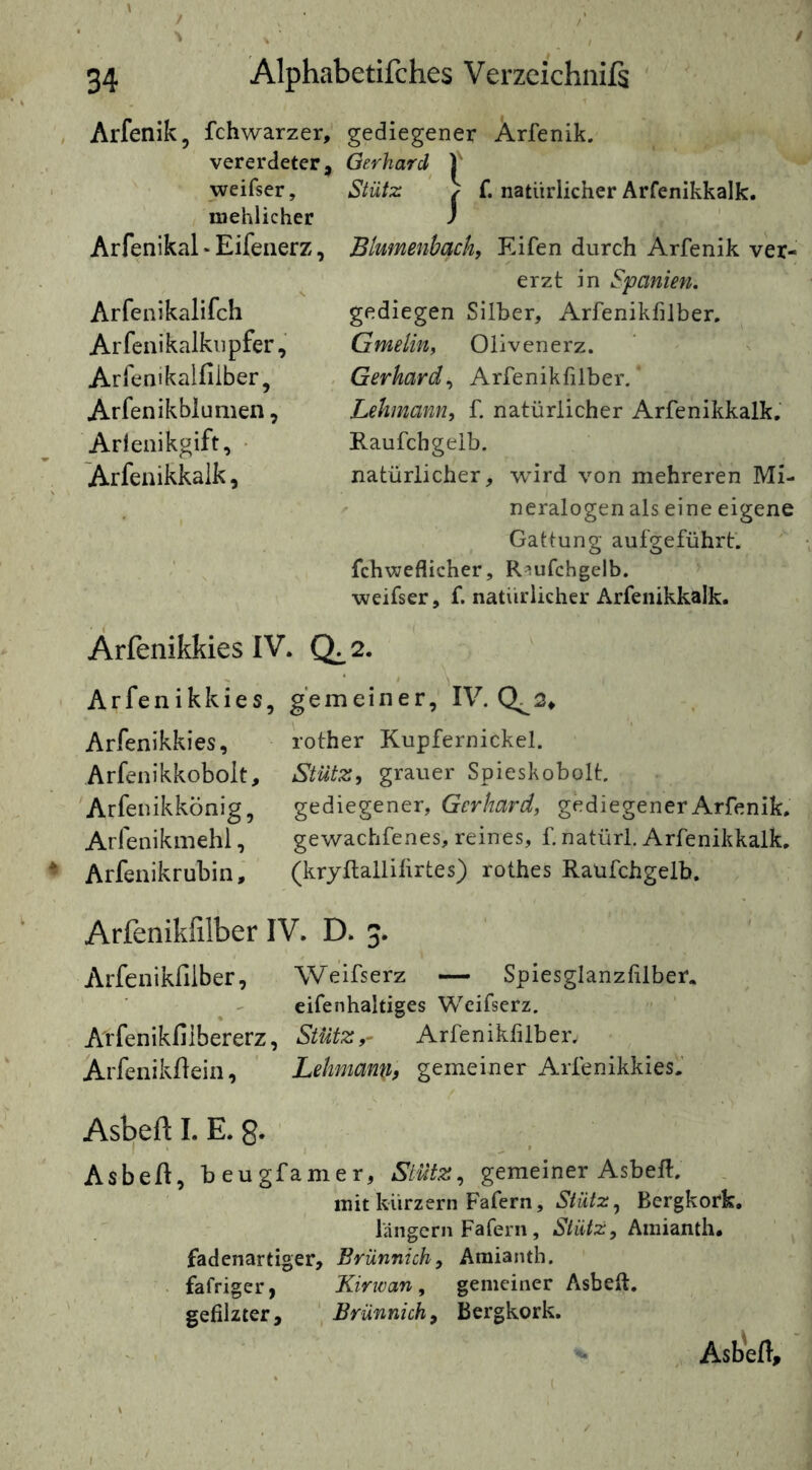 / / \ 34 Alphabetifches Verzcichniß Arfenik, fchwarzer, gediegener Arfenik. vererdeter, Gerhard V weifser, Stütz ^ f. natürlicher Arfenikkalk. inehlicher ) Arfenikal ‘ Eifenerz, Blumenbach, Eifen durch Arfenik ver- erzt in Spanien. gediegen Silber, Arfenikfilber, Gmelin, Olivenerz. Gerhard., Arfenikfilber. Lehmann, f. natürlicher Arfenikkalk. Raufchgeib. natürlicher, würd von mehreren Mi- neralogen als eine eigene Gattung aufgeführf. fchweflicher, Raufchgeib. •weifser, f. natürlicher Arfenikkalk. Arfenikkies IV. Q^2. Arfenikkies, gemeiner, IV. 2, Arfenikkies, rother Kupfernickel. Arfenikkobolt, Stütz, grauer Spieskobolt. 'Arfenikkönig, gediegener, Gerhard, gediegener Arfenik. Arfenikmehl, gewachfenes, reines, f natürl. Arfenikkalk. Arfenikruhin, (kryflallilirtes) rothes Raüfchgelb. Arfenikfilber IV. D. 3. Arfenikfilber, Weifserz — Spiesglanzfilber, cifenhaltiges Weifserz. Arfenikfiibererz, Stutz,- Arfenikfilber. Arfenikfiein, Lehmami, gemeiner Arfenikkies.’ Asbeft I. E. 8. Asbefi, beugfamer, Stütz, gemeiner AsbeR. mit kürzern Fafern, Stütz, Bergkork, läiigern Fafern, Stütz, Amianth» fadenartiger, Brünnich, Amianth. fafriger, Kirivan, gemeiner Asbeft. gefilzter, ‘ Brünnich, Bergkork. ^ , Asbeft, Arfenikalifch Arfenikalkiipfer, Arfenikaifiiber, Arfenikblumen, Arlenikgift, • Arfenikkalk,