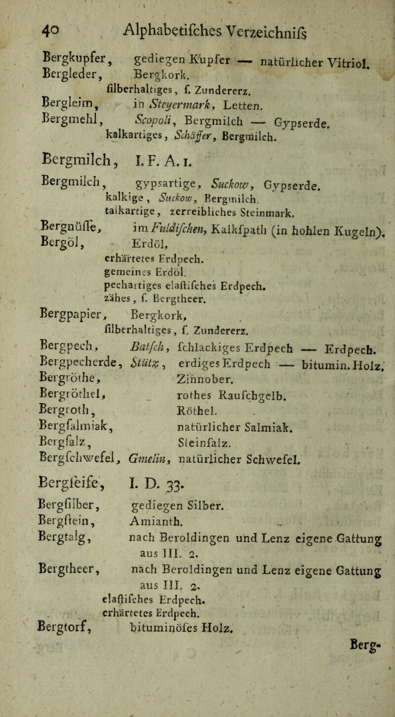 Bergkupfer, gediegen K'upfer — natürlicher Vitriol. Bergleder, Bergkork, filberhaltiges, f. Zundererz. Bergleim, in Stcyermark, Letten. Bergmehl, Scopoli^ Bergmilch _— Gjpserde. kalkartiges, Schaffer, ßergmilch. Bergmilch, I. F. A. i. Bergmilch, gypsartige, Suckow, Gypserde. ' kalkige , Suckow, Bergmilch. talkartige, zerreibliches Steinmark. - Bergnüfle, imFuldi/chen, Kalkfpatli (in hohlen Kugeln), Bergöl, Erdöl, erhärtetes Frdpech. gemeines Erdöl, pechartiges elaftifches Erdpech, zähes, f. Bergtheer. Bergpapier, Bergkork, filberhaltiges, f. Ziindererz. Bergpech, Batfch, fchlackiges Erdpech — Erdpecb. Bergpecherde, Stüt^ ^ erdiges Erdpech — bitumin.Holz, BergrÖthe, Zinnober. Bergrötiiel, _ rothes Raufchgclb. Bergroth, Röthel. ■Bergfalmiak, natürlicher Salmiak, Bergfalz, Sleinfalz. . Bergfchwefel, Gmelin, natürlicher Schwefel, Bergleife, Bergfilber, Bergfiein, Bergtalg, 1. D. 33/ gediegen Silber. Amianth. _ - * nach Beroldingen und Lenz eigene Gattung aus IIL 2. Bergtheer, nach Beroldingen und Lenz eigene Gattung aus III, 2* elafiifches Erdpech. , ’ erhärtetes Erdpech. Bergtorf, bituminöfes Holz.