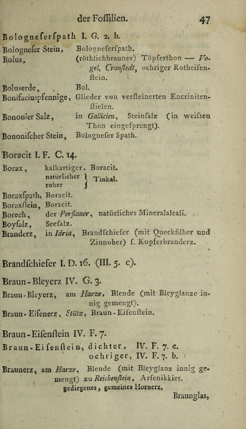 Bologneferfpath I. G. 2. h. . Bolognefer Stein, Bologneferfpath. ßolus, (röthlichbrauner) Töpferthon — Vo^ . ’ ' gf/, Cronfledt^ ochriger Rotheifen- ftein. ^ Boluserde, , Bol. Bonifaciuspfennige, Glieder von verfeinerten Encriniten- fielen. Bononier Salz, in Gallicien^ Steinfalz (in weifsen Thon eingefprengt). Bononifcher Stein, Bolognefer Spath. ' ~ Boracit 1. F. C. 14. Borax, kalkartiger, Boracit. natürlicher \ Tinkal. roher j Boraxfpath, Boracit. Boraxfein, Boracit. Borech, dev Perßaner^ natürliches Mineralalcali. , Boyfalz, Seefalz. : ' Branderz, in Idria^ Brandfchiefer (mit Queckfilber und Zinnober) f. Kupferbranderz. Brandfchiefer L D. 16. (III. 5. c). Braun-Bleyerz IV. G. 3. Braun-Bleyerz, am Harze, Blende O^it Bleyglanze in- nig gemengt). Braun-Eifenerz, Stütz, Braun-Eifenfein. ^ Braun-Eifenftein IV. F. 7. Braun - Ei fenftei n, dichter, IV. F. 7- c. ochriger, IV. F. 7. b. \ Braunerz, am Harze^ Blende (mit Bleyglanz innig ge- ^ mengt) t-w Reichenflein, Arfenikkies. ^ gediegenes, gemeines Hornerz. Braunglas,