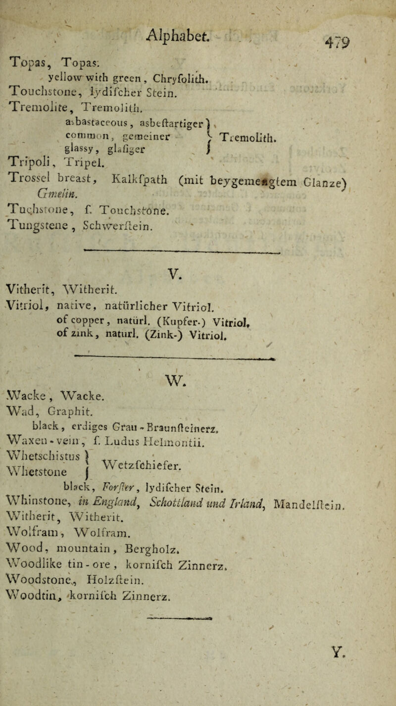 Topas, Topas: / ' ' X yeiloAV with green, Chryfolitii. . ■ . ■ Touclistone, lydifcher Stein. Tremolite, Tremoiitii. aibastaceous, asbeftartiger T ^ common, gemeiner ^ Tremolith. glassy, gläfiger ’ . ^ Trfpoli, Tripel. ' ^ Trossei breast, Kalkfpath (mit beygemengtem Glanze^ Gmeiin. • ^ _Tuc;hsf()ne, f. Touchs tone. Tungstene , Schwerilein. V. Vitherit, Witherit. Yitrioi, native, natürlicher Vitriol. ofeopner, natürl. (Kupfer*) Vitriol, ofzink, natiirl. (Zink-) Vitriol, w, Wacke, Wacke. Wad, Graphit. black, erdiges Grau Braunfleinerz, Waxen - veiii, f. Ludus Helmontii. Whetschistus ) Whetstone Wetzfchiefer. blsck, Forflw, lydifcher Stein. Whinstone, in England^ Schottland und Irland^ Witherit, Witherit. • ^ Wolfram, Wolfram. Wood, mountain, Bergholz. Woodlike tin-ore, kornifch Zinnerz, Woodstone,, Holzftein. Woodtin, 'kornifch Zinnerz. Mandel/lciri.