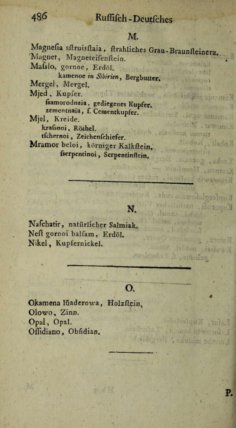 48Ö Ruflifch-Deutfehes ' . / . ■ ‘ ' M. Magnefia sflruisftaia, firahliches Grau-Braunfteinerz. Magnet, Magneteifenftein. -Mafslo, gornoe, Erdöl. katnenoe m Sibirien, Bergbutter* ^ MergeJ', Mergel. • ^ , Mjed, Kupfer. ; fsamorodnaia, gediegenes Kupfer, zementnaia, f. Cemcntkupfer. Mjel, Kreide, krafsnoi, Röthcl. tfchernoi, Zeichenfchiefer.  ^ . Mramorbeloi, körniger Kalkftein, • . fserpentinoi, Serpentinftein, N. Nafchatir, natürlicher Salmiak. Nefl gornoi balfam, Erdöl, Nikei, Kupfernickel, O 4 Okamena lüaderowa, Holzflein^ Olowo, Zinn. ’ ' - ' i . Opal, Opal. Oflidiano, Obfidian.* 4 1