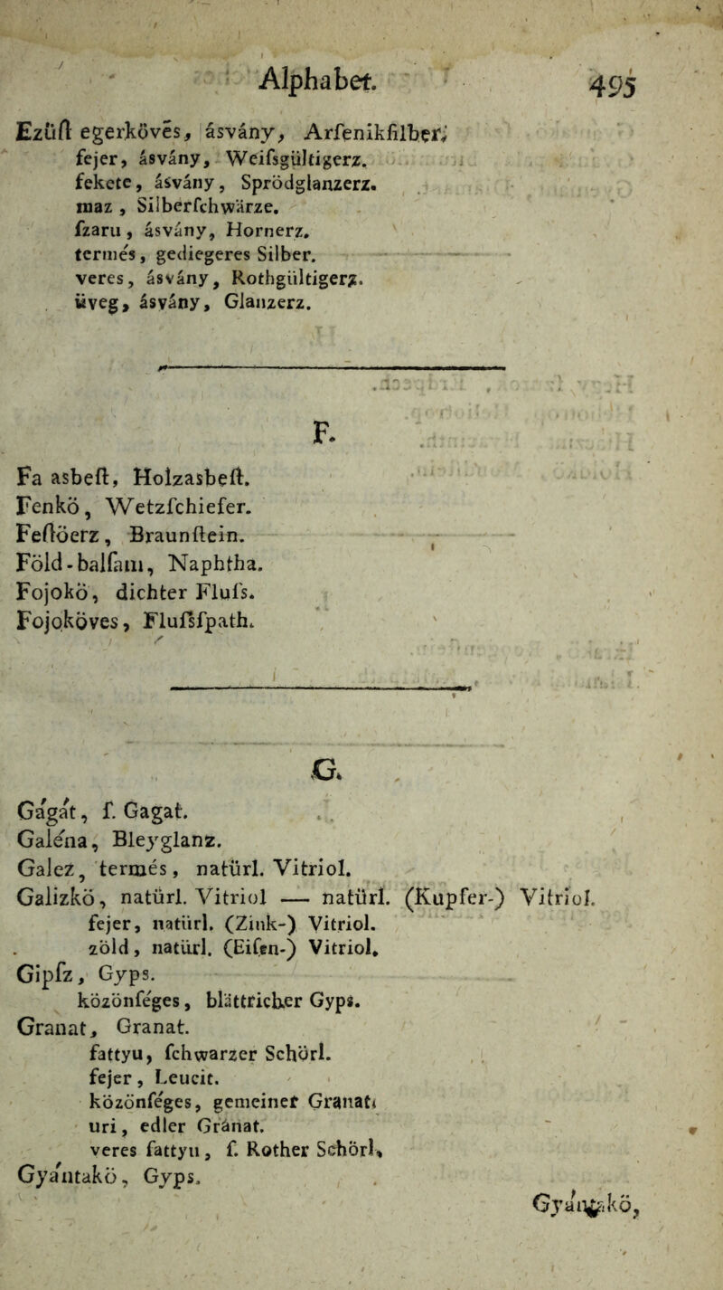 Ezüft egerköves, äsväny, Arfenikfilber; ' • fejer, asväny,. Wdfsgültigerz, ■ ' - ji . !• • > feketc, asväny, Sprödglanzerz. , . .. f • * ' maz , Silberfchwärze, fzaru, asvany, Hornerz, tcrmes, gediegeres Silber. •   veres, äsvany, Rothgiiltigcrz. ^ üveg, äsvany, Glanzerz. F. Fa asbeft, Holzasbefl:. Fenkö, Wetzfchiefer. Feftöerz, Braunftein. Föid-balfam, Naphtha. FojokÖ , dichter Flufs. Fojoköves, Flufsfpath, I. Gagat, f. Gagat. Gale'na, Bleyglanz. GaJeZ, termes, natürl. Vitriol. Galizkö, natürl. Vitriol — natürl. (Kupfer-) Vitriol, fejer, natürl. (Zink-) Vitriol, zbld, natürl. (Eifen-) Vitriol, Gipfz,' Gyps. i közönfeges, blättricher Gyps. Granat, Granat. fattyu, fehwarzer Schörl. fejer, Leucit. közönfeges, gemeiner Granati • iiri, edler Gränat. veres fattyu, f. Rother Scbörl% Gya ntakö, Gyps. Gyan^ikö,