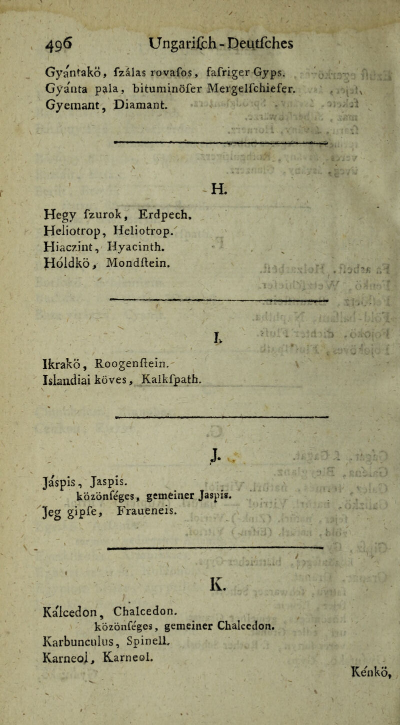 Gyantakö, fzalas rovafos, fafriger Gyps. Gya^ita paia, bituminöfer Mergelfchiefer. Gyemant,'Diamant. v • . i  ■ .'4 ..I V , \ * . ' ■ -H. Hegy fzurok^ Erdpech, Heliotrop, Heliotrop. Hiaczint,' Hyacinth. Hoidkö/ Mondflein. ..i■. • '.c r-»' 1 s ■ * ’ ^ ’ f. ' Ikrakö, Roogenflein. Islaiidiai köves, Kalkfpath. V , \ jJ» ^ Ja'spis, Jaspis - ^ ^ V közönfeges, gemeiner Jaspi«. ‘‘V ^Jeg gipfe^ Fraueneis. ^ , , 's '1 ' ' K. ■ ' Kalcedon, Chalcedon. j ■/; közbnfeges, gemeiner Chalccdon. Karbunculus, Spinell. Karneol > Karneol. Kenkö,