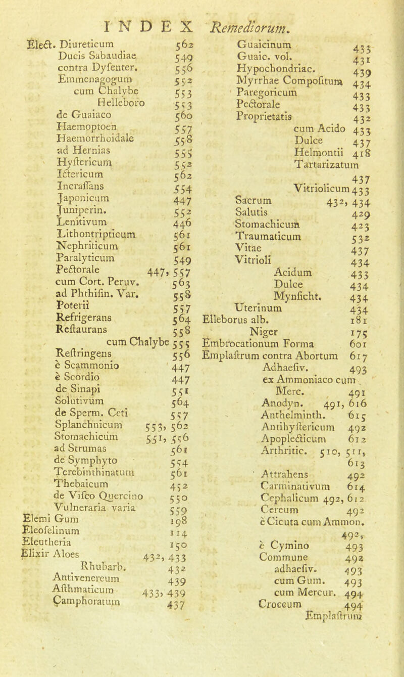 Ele£E Diureticum Ducis Sabaudiae contra Dyfenter. Eroinenagogum cum Chalybe Hellcboro de Guaiaco Haeinoptoen Haemorrhoidale ad Hernias Hyftericum Ittericum IncralTans Japonicum Juniperin. Lenitivum Lithontripticum Nephriticum Paralyticum Pedtorale cum Cort. Peruv. ad Phthifin. Var. Poterii Refrigerans Reftaurans 447: 562 549 556 552 553 553 560 557 .55 8 555 552 562 554 447 552 446 561 561 549 557 563 558 564 558 Reftringens e Scammonio e Scordio de Sinapi Solutivum de Sperm. Ccti Splanchnicum Stomachicum ad Strumas de Sympbyto Terebinthinatum Thebaicum de Vifco Quercino Vulneraria varia Elemi Gum Eleofelinum Eleutheria Elixir Aloes Rhubarb Antivenereum Afthmaticum Camphoratum cum Chalybe 55 q 553 551 432 433: 556 447 447 551 564 557 > 562 > 556 56« 554 56, 452 55° 55 9 198 114 150 433 432 439 439 437 Guaicinum Guaic. vol. Hypochondriac. Myrrhae Compofiturn Paregoricum Pe&orale Proprietatis cum Acido Dulce Helmontii Tartarizatum 433 431 439 434 433 433 432 433 437 418 Vitriolicum 433 Sacrum 432, 434 Salutis 429 Stomachicum 423 Traumaticum 532 Vitae 437 Vitrioli 434 Acidum 433 Dulce 434 Mynficht. 434 Uterinum 434 Elleborus alb. 181 Niger 175 Embrocationum Forma 60 r Emplaftrum contra Abortum 617 Adhaefiv. 493 ex Ammoniaco cum Merc. 491 Anodyn. 491, 616 Anthelminth. 615 Antihylliericum 492 Apopledlicum 612 Arthritic. 51c, 9 r r, 613 Attrahens 492 Carminadvum 614 Cephalicum 492, 612 Cereum 492 e Cicuta cum Ammon. 492> e Cymino 493 Commune 492 adhaefiv. 493 cum Gum. 493 cum Mercur. 494 Croceum 494 Emplaftrum