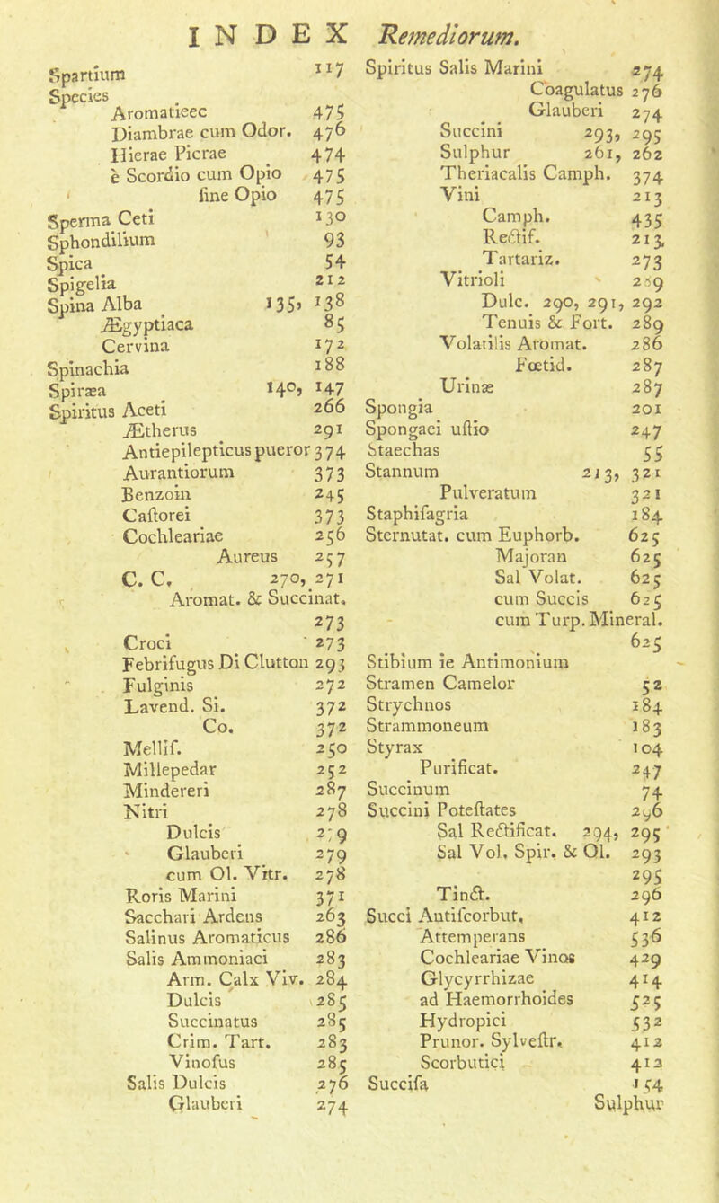 Spartiura 117 Species Aromatieec 475 Diambrae cum Odor. 476 Hierae Picrae _ 474 e Scordio cum Opio 475 fine Opio 475 SpermaCeti J3° Sphondilium 93 Spica 54 Spigelia 212 Spina Alba 135’ *38 jEgyptiaea 85 Cervina *72 188 Spiritus Salis Marini _ 2 74 Coagulatus 276 274 293, 295 261, 262 2I3 435 213, 273 219 140, 147 266 Spinacbia S pi rasa Spiritus Aceti JEtherus 291 Antiepilepticus pueror 374 Aurantiorum 373 Benzoin 245 Caftorei 373 Cochleariae 256 Aureus 25 7 C. C. 270, 271 Aromat. & Succinat. Glauben Succini Sulphur Theriacalis Camph. 374 Yini Camph. Red if. Tartariz. Yitrioli Dulc. 290, 291, 292 Tenuis &c Fort. 289 Volatilis Aromat. 286 Foetid. 287 Urinas 287 Spon gia 20X Spongaei uftio 247 btaechas 55 Stannum 213, 321 Pulveratum 32! Staphifagria 184 Sternutat. cum Euphorb. 625 Majoran 625 Sal Volat. 625 cum Succis 623 Croci 273 625 Febrifugus Di Clutton 293 Stibium ie Antimonium Fulginis 272 Stramen Camelor 5Z Lavend. Si. 372 Strychnos 184 Co. 372 Strammoneum 183 Mellif. 2 5° Styrax 104 Millepedar 252 Purificat. 24; Mindereri 287 Succinum 74 Nitri 278 Succini Poteftates 296 Dulcis 2; 9 Sal Redificat. 294, 295 Glaubcri 279 Sal Vol. Spir, St Ol. 293 cum Ol. Vitr. 278 295 Roris Marini 371 Tind. 296 Sacchari Ardens 263 Succi Antifcorbut, 412 Salinus Aromaticus 286 Attemperans 536 Salis Ammoniaci 283 Cochleariae Vinos 429 Arm. Calx Viv. 284 Glycyrrhizae 414 Dulcis 285 ad Haemorrhoides S2 5 Succinatus 285 Hydropici 532 Crim. Tart. 283 Prunor. Sylveftr, 412 Vinofus 285 Scorbutic; 412 Salis Dulcis 2 76 Succifa 154 Glaubcri 274 Sulphur