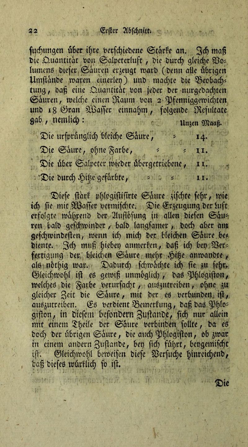 fudjtmgett ü6cr iljre v?erfd}tebene ©tarfe art. 3$ maß bie Quantität ton ©alpeterluft, tue butcß gfeidje 83o; lutnenö biefer ©attren erzeugt matb (bemt alle übrigen Umftanbe waren etnerlep) unb madtte bte Seebad^ tung, baß eine Quantität bon jeber ber nurgebaefyten ©auren, welche einen 9taum bon 2 93fenniggewid)ten tmb 18 ©ran äBafjer einnafpn, folgenbe £HefuIcatc gab , nemlicl; ♦ Un^en SOiaag. Die urfptÄtigftdE) bfeieße ©aure, - 14. Die ©aure, o(me§arbe, * . ? 11. Die über ©atpoter wieber übergefriebeite ,11. ‘Die burd) J£)ife gefärbte, - - * n* Diefe flart pf)(pgi(M(trte ©aure ,(ifcf)fe fe$t, wie td) fte mit SDBaffet bermifd)te. Die @rjetigung ber iuft erfolgte wa^penb ber Ttufiofung in alien biefen ©am ten. f>a(b gefdjwtnber, bate langsamer , bocf) aber am gefdjwmbeflen, wenn id) mid) bet Heiden ©aure be* biente. 3^) muf fcijtbep anmerfen, baß tcf> bep 3}et; fertigung ber bleichen ©aure mef)r ,£>i|e anwanbte, aid notfiig war. Daburd) fd)wacl)te id) fte ^u fef)t*. ©leid)Wol)l iji e$ gewiß unmoglid), baö ^J^Io'gißo«, welcljeö bte gatbe berurfad)t, att^utreiben, of^ne $u gleicher %cit bie ©aure, mit ber e6 berbunben. tfl, auöjutreiben. ©6 berbtent SBemerfung, baßbab$)^0' gifion, in Dtefem befonfcern ßuftanüe, fid) nur allein mit einem Steile ber ©aure berbinben follte, ba e$ bod) ber übrigen ©aure, bte and) ^logifion, bb jwar in einem anbern g'uflanbe, bep ftd) fü^rt, bepgemifdjt tft. ©letdjwol)! beweifen biefe SSerfudje Ijinrctdjenb, baß biefeö würflig fo ijl