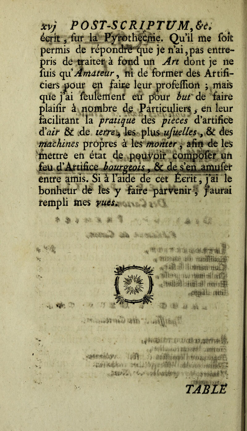 xvj POST-S CRIPTU’M.&c, écrit, fur la Pÿrothecfiie. Qu’il me foît permis de répondi^qûe je n’ai,pas entre- pris de traiter, à fond un Art dont je ne fuis api Amateur, ni de former des Artifi- ciers pour en faite leur profeffion ; mais que j’ai feulement eu pbur but' de faire plaifir à nombre de Particuliers > en leur facilitant la pratique des pièces d’artifice d'air & de terre4 les plus ufitelles., & des machines propres à les Monter, afin de les mettre en état de pouvoir compofer un feu d’Artifice bourgeois, & de s’enjimnfer entre amis. Si à l’aide de cet Écrit ,j1îî le bonheur de les y faire parvenir, Saurai rempli mes yutSi,