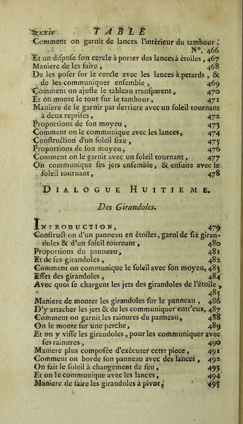 '*&xxiv 'Table Comment on garnit de lances l’intérieur du tambour 5 N°. 466 Et on difpofe fon cercle à porter des lances à étoiles , 467 Maniéré de les faire , 468 De les pofer fur le cercle avec les lances à pétards, & de les communiquer enfemble -, 469 Comment on ajufte le tableau tranfparent, 470 Et on monte le tout fur le tambour, 471 Maniéré de le garnir par derrière avec un foleil tournant à deux reprifes, 472 Proportions de fon moyeu , 473 Comment on le communique avec les lances, 474 Confiru&ion d’un foleil fixe , 475 Proportions de fon moyeu, 476 Comment on le garnit avec un foleil tournant, 477 On communique fes jets enfemble, & enfuite avec le foleil tournant, 478 Dialogue Huitième. Des Girandoles, l N T RO© U CTI O N, 479 Oonftru&ion d’un panneau en étoiles, garni de fix giran- doles & d’un foleil tournant, 480 Proportions du panneau, 481 Et de fes girandoles , 482 Comment on communique le foleil avec fon moyeu, 483 Effet des girandoles , 484 Avec quoi fe chargent les jets des girandoles de l’étoile -, • 485 Maniéré de monter les girandoles fur le panneau , 486 D’y attacher les jets & de les communiquer entr’eux, 487 Comment on garnit les rainures du panneau, 488 On le monte fur une perche, 489 Et on y viffe les girandoles, pour les communiquer avec fes rainures-, 490 Maniéré plus compofée d’exécutef cette piece, 491 Comment on borde fon panneau avec des lances , 492 On fait le foleil à changement de feu , 493 Et on le communique avec les lances, 494 Maniéré de faire les girandoles à pivot,’ 49£