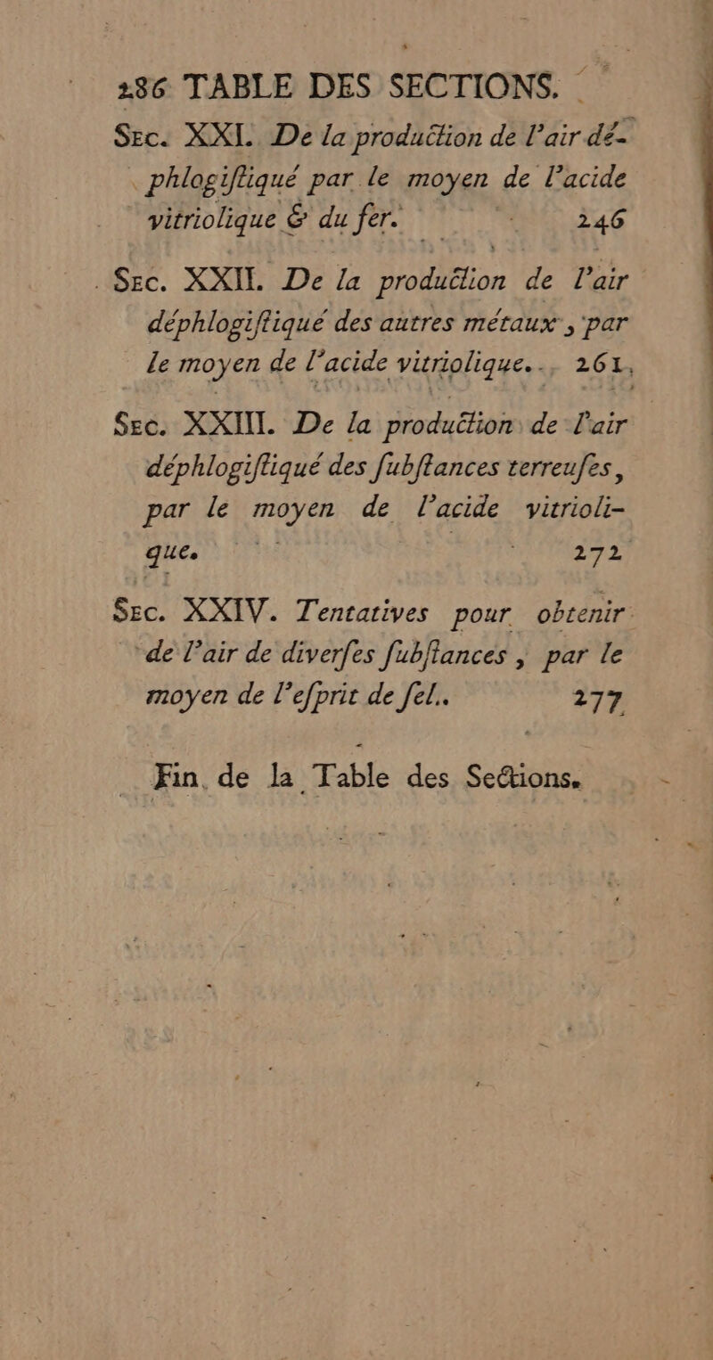 Sec. XXL. De la production de Vair dé phlogifliqué par le moyen de l'acide vitriolique &amp; du fer. | : 246 Sec. XXIL De la produttion de l'air déphlogiftique des autres métaux, ‘par le moyen de l'acide virrioligue.., 261, Sec. XXII. De la produttion de Tair déphlogiftiqué des fubftances terreufes , par le moyen de l'acide vitrioli- que PA UT E Sec. XXIV. Tentatives pour obtenir de Tair de diverfes fubfiances , par le moyen de l’efprit de fel. 277 __ Fin de la Table des Sections,