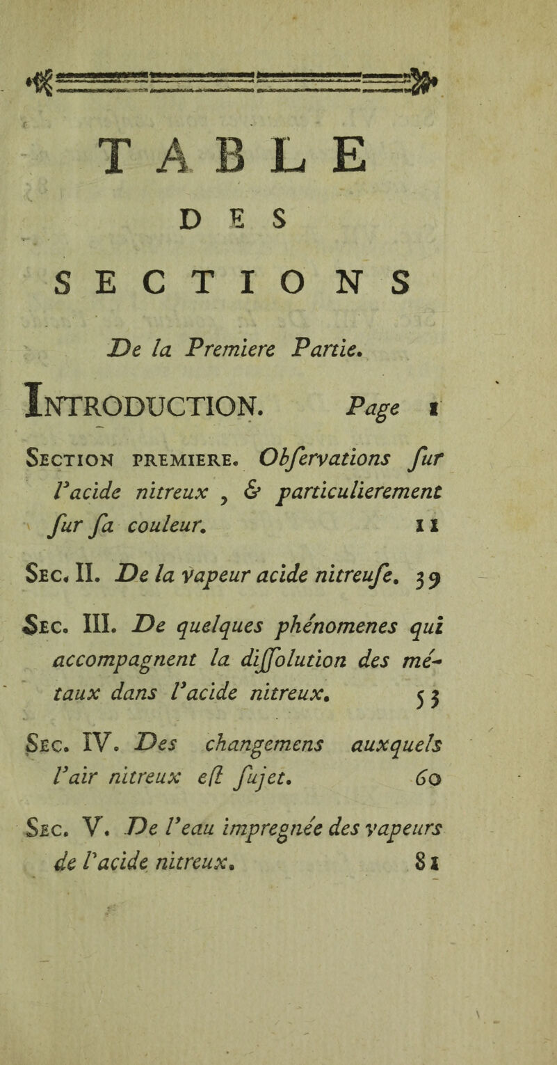 à TS RIT EE CEST RER EOLA LILLY RAI AOR TABLE D rs s E ir reo N S De Oars Pare, INTRODUCTION. Page à SECTION PREMIERE. Obfervations fur Pacide nitreux , &amp; particulierement \ fur fa couleur. 11 Sec. Il. De la vapeur acide nitreufe. 39 SEC. Ill. De quelques phénomenes qui accompagnent la diffolution des mé- taux dans l'acide nitreux, 53 Sec. IV. Des changemens auxquels Pair nitreux eft fujet. 60 Sec. V. De l’eau impregnée des vapeurs … de l'acide nitreux. Hs SF