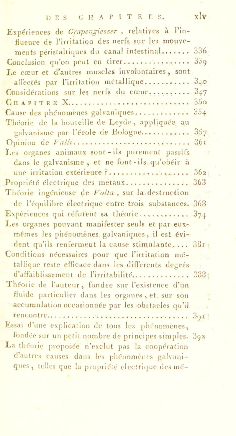 x!v Expériences de Grapengiesser , relatives à l’in- flueuce de l’irritation des nerfs sur les mouve- ments péristaltiques du canal intestinal 336 Conclusion qu’on peut en tirer 33ç Le cœur et d’autres muscles involontaires, sont affectés par l’irritation métallique 3qo Considérations sur les nerfs du cœur 847 Chapitre X 35o Cause des phénomènes galvaniques 354 Théorie de la bouteille de Leyde, appliquée au galvanisme par l'école de Bologne 357 Opinion de Valli. 3.61 Les organes animaux sont-ils purement passifs dans le galvanisme, et ne font-ils qu’obéir à une irritation extérieure? 36a Propriété électrique des métaux 363 Théorie ingénieuse de Volta , sur la destruction de l’équilibre électrique entre trois substances. 368 Expériences qui réfutent sa théorie..*.,, 374 Les organes pouvant manifester seuls et par eux- mémes les phénomènes galvaniques, il est évi- dent qu’ils renferment la cause stimulante. ... 38i Conditions nécessaires pour que l’irritation mé- tallique reste efficace dans les différents degrés d’affaiblissement de l’irritabilité 388 Théoiie de fauteur, fondée sur l’existence d’un fluide particulier dans les organes , et sur son accumulation occasionnée par les obstacles qu’il rencontre 8qr Essai d’une explication de tons les phénomènes, fondée sur un petit nombre de principes simples. 392 La théorie proposée n’exclut pas la coopération d’autres causes clans les phénomènes galvani- ques, telles que la propriété électrique des nié-