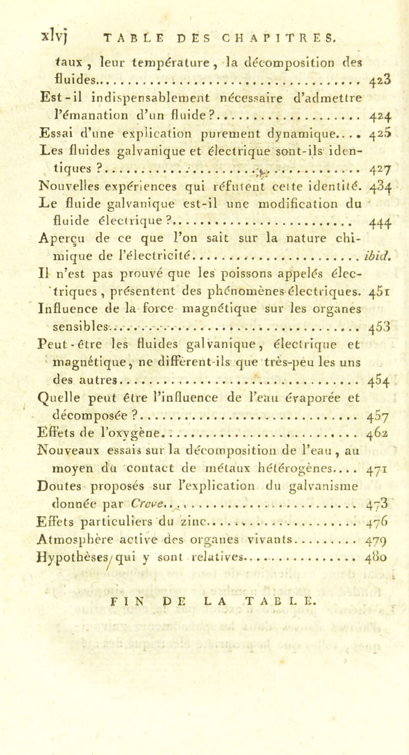 xlvj TABLE DES CHAPITRES. faux, leur température, la décomposition des fluides 423 Est-il indispensablement nécessaire d’admettre l’émanation d’un fluide? 424 Essai d’une explication purement dynamique.... 42.S Les fluides galvanique et électrique sont-ils iden- tiques ? •• ;*> 427 Nouvelles expériences qui réfutent cette identité. 434 Le fluide galvanique est-il une modification du fluide électrique? 444 Aperçu de ce que l’on sait sur la nature chi- mique de l’électricité ibid. Il n’est pas prouvé que les poissons appelés élec- triques, présentent des phénomènes électriques. 451 Influence de la force magnétique sur les organes sensibles • q53 Peut-être les fluides galvanique, électrique et magnétique, ne diffèrent-ils que très-peu les uns des autres 454 Quelle peut être l’influence de l’eau évaporée et décomposée? 467 Effets de l’oxvgène 462 Nouveaux essais sur la décomposition de l’eau , au moyen du contact de métaux hétérogènes.... 471 Doutes proposés sur l’explication du galvanisme donnée par Creve.._., 4y3 Effets particuliers du zinc...... 476 Atmosphère active des organes vivants 479 Hypothèses, qui y sont relatives.... 4U0 • 1 . l FIN DF. LA TABLE.